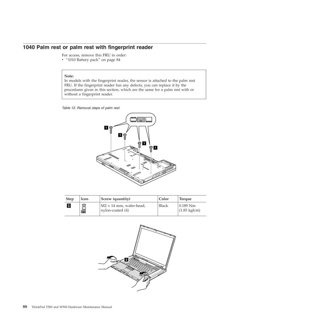 Lenovo W500 manual Palm rest or palm rest with fingerprint reader, Step Icon Screw quantity Color Torque 