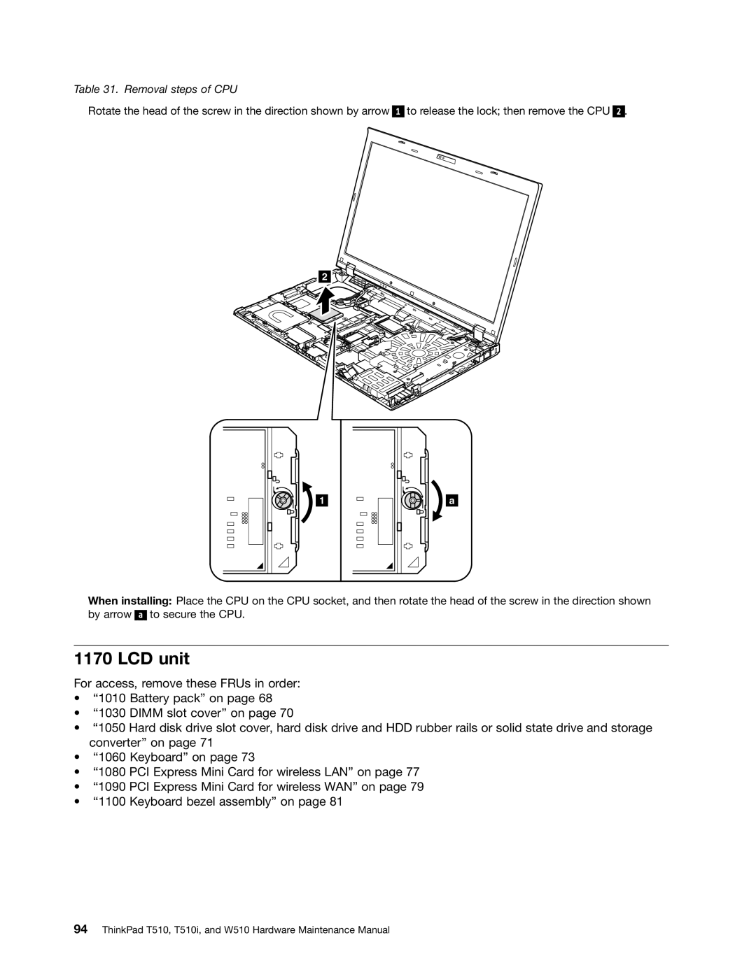 Lenovo T510I, W510 manual LCD unit, Removal steps of CPU 