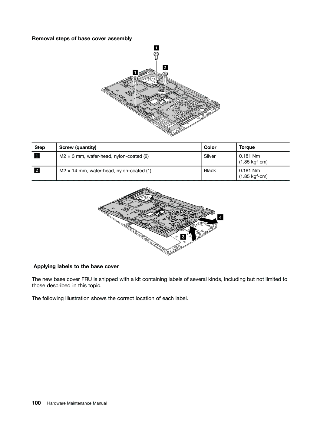 Lenovo T530i, W530, 2394F1U, 244723U manual Removal steps of base cover assembly, Applying labels to the base cover 