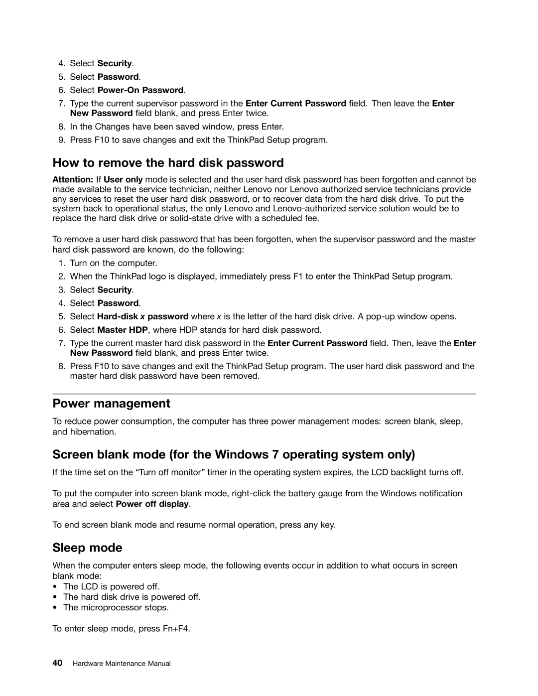 Lenovo T530i, W530, 2394F1U How to remove the hard disk password, Power management, Sleep mode, Select Power-On Password 