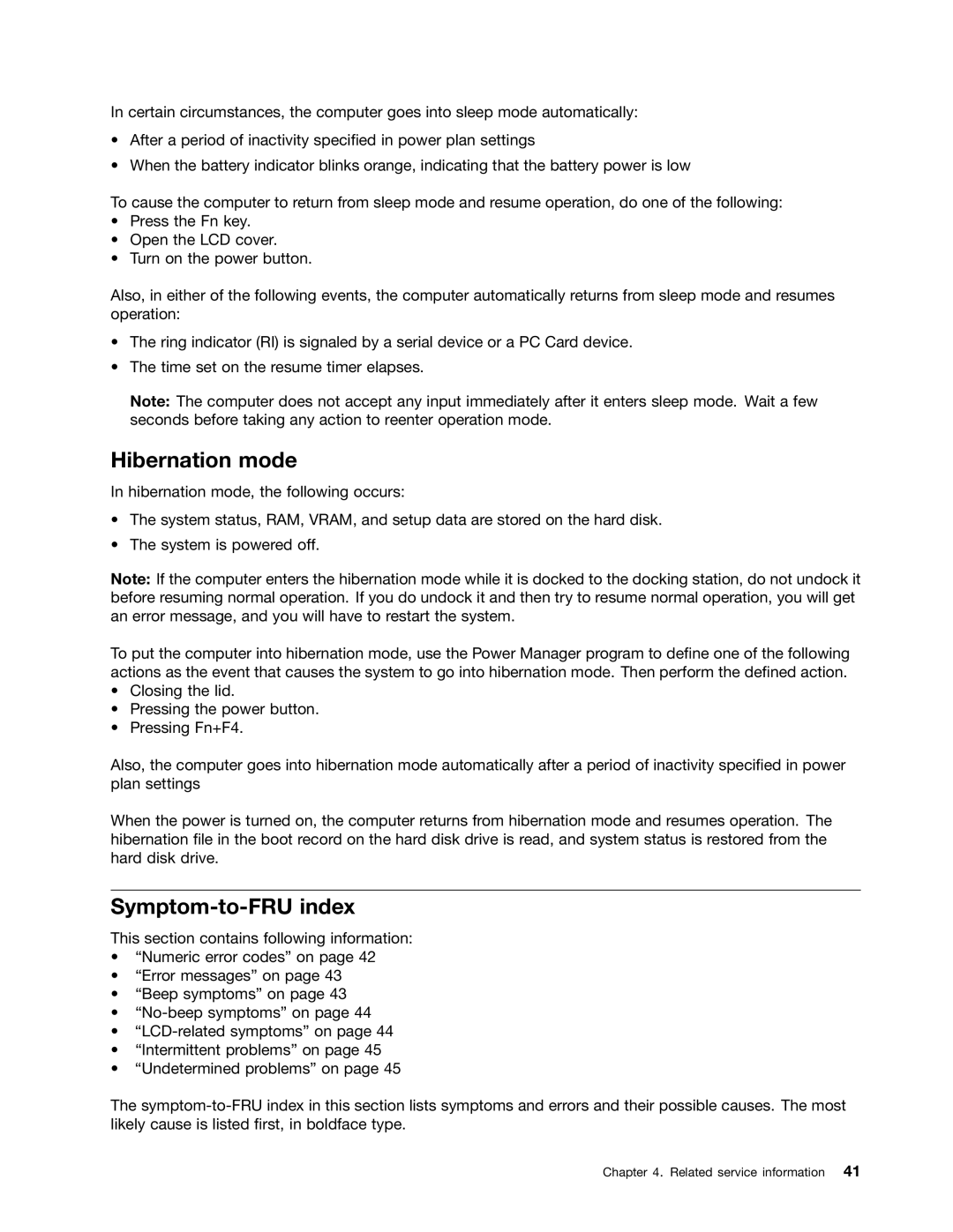 Lenovo W530, T530i, 2394F1U, 244723U manual Hibernation mode, Symptom-to-FRU index 