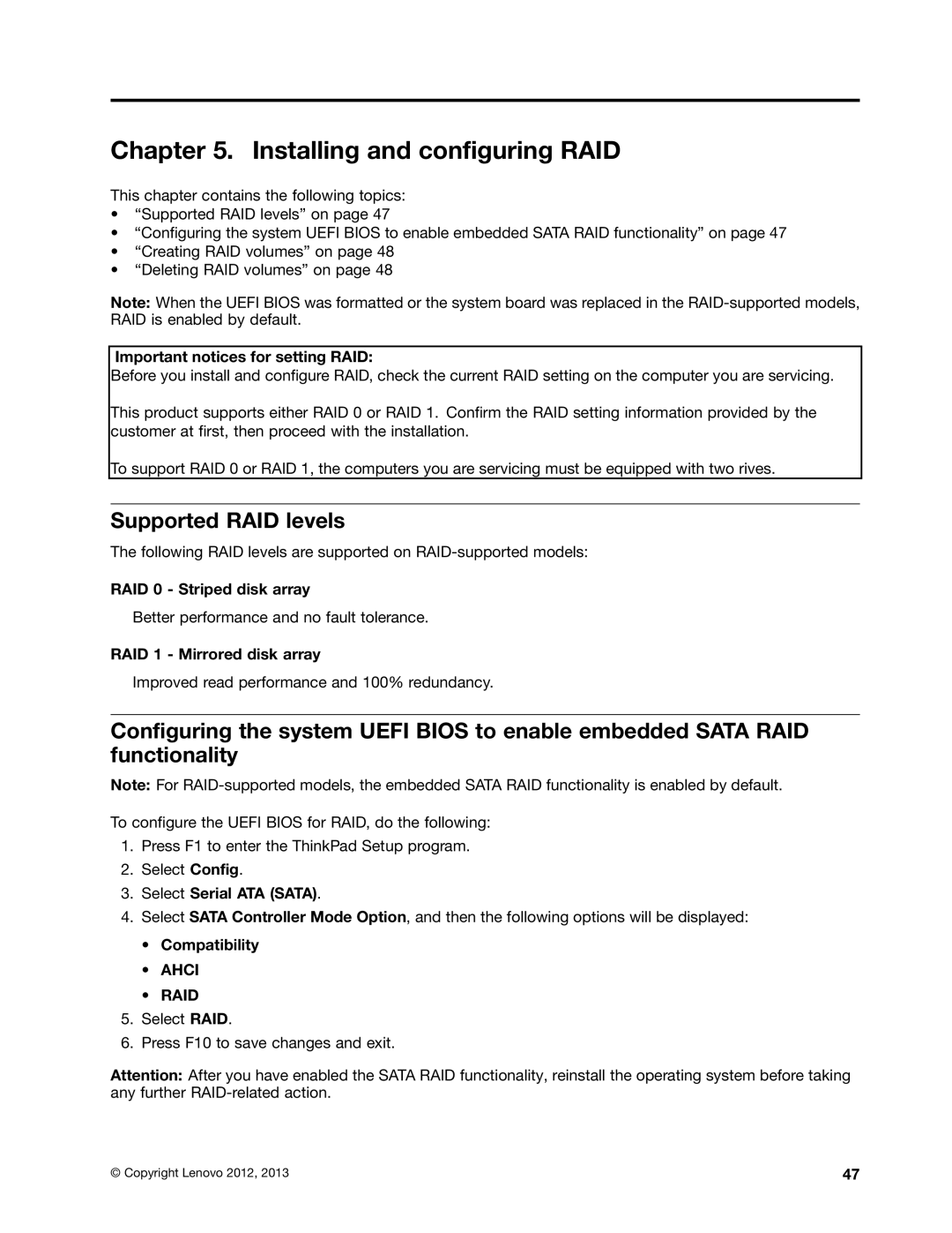 Lenovo 2394F1U, W530, T530i, 244723U manual Installing and configuring RAID, Supported RAID levels 