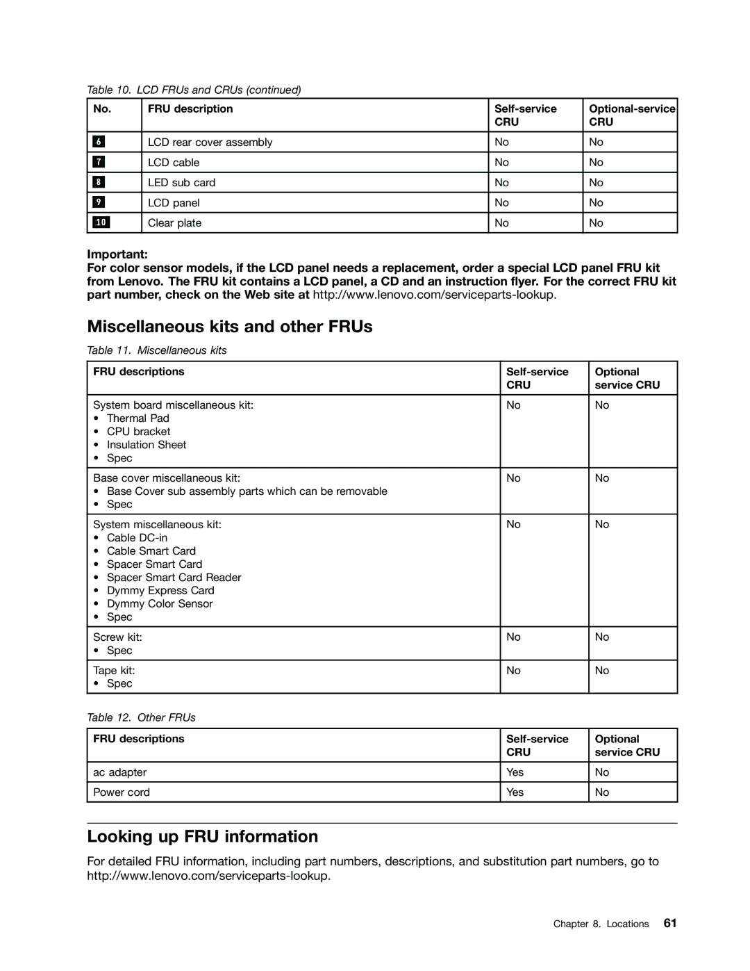 Lenovo W530, T530i, 2394F1U, 244723U manual Miscellaneous kits and other FRUs, Looking up FRU information 