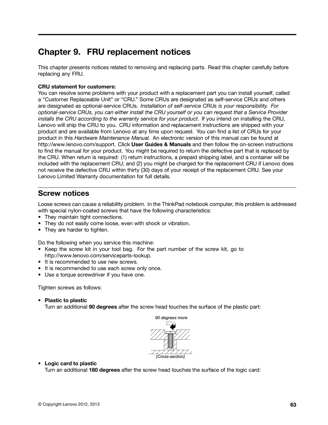 Lenovo 244723U, W530, T530i, 2394F1U manual FRU replacement notices, Screw notices, Plastic to plastic, Logic card to plastic 