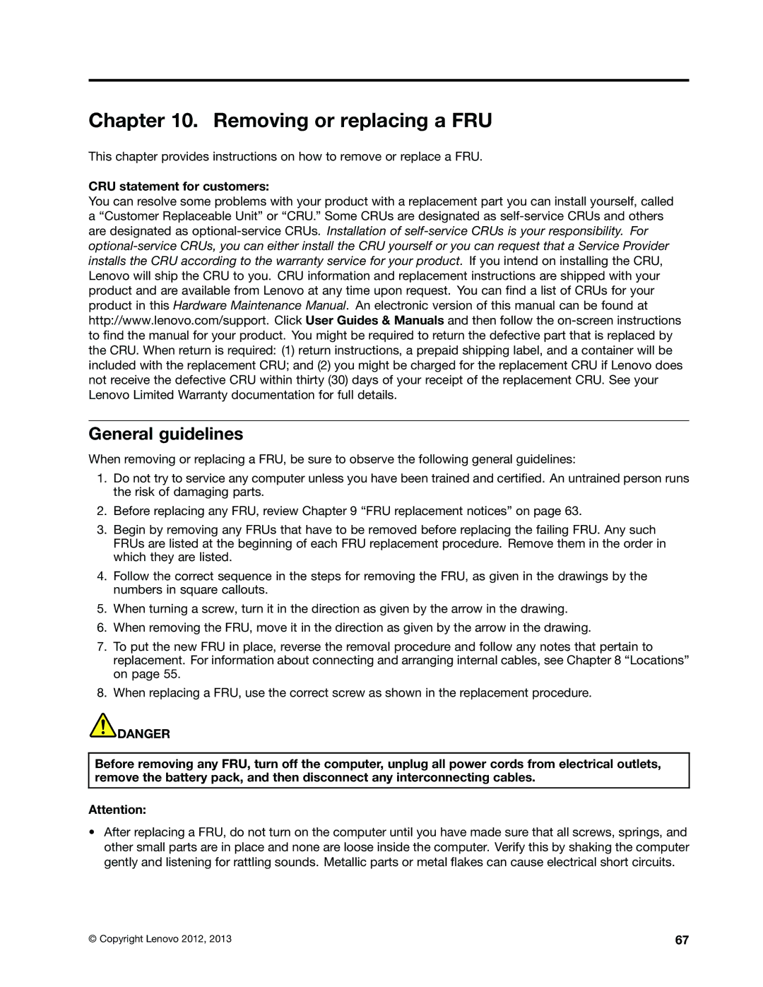 Lenovo 2394F1U, W530, T530i, 244723U manual Removing or replacing a FRU, General guidelines 