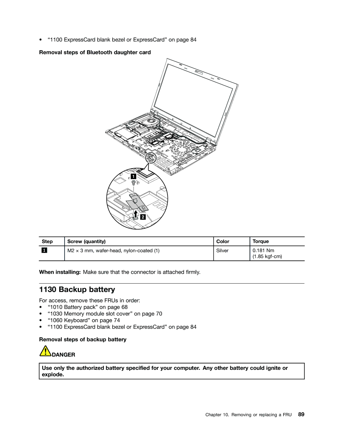 Lenovo W530, T530i, 2394F1U, 244723U manual Backup battery, Removal steps of Bluetooth daughter card 