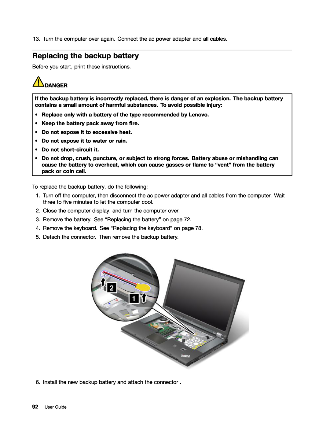 Lenovo 24384KU, W530 Replacing the backup battery, Danger, Replace only with a battery of the type recommended by Lenovo 