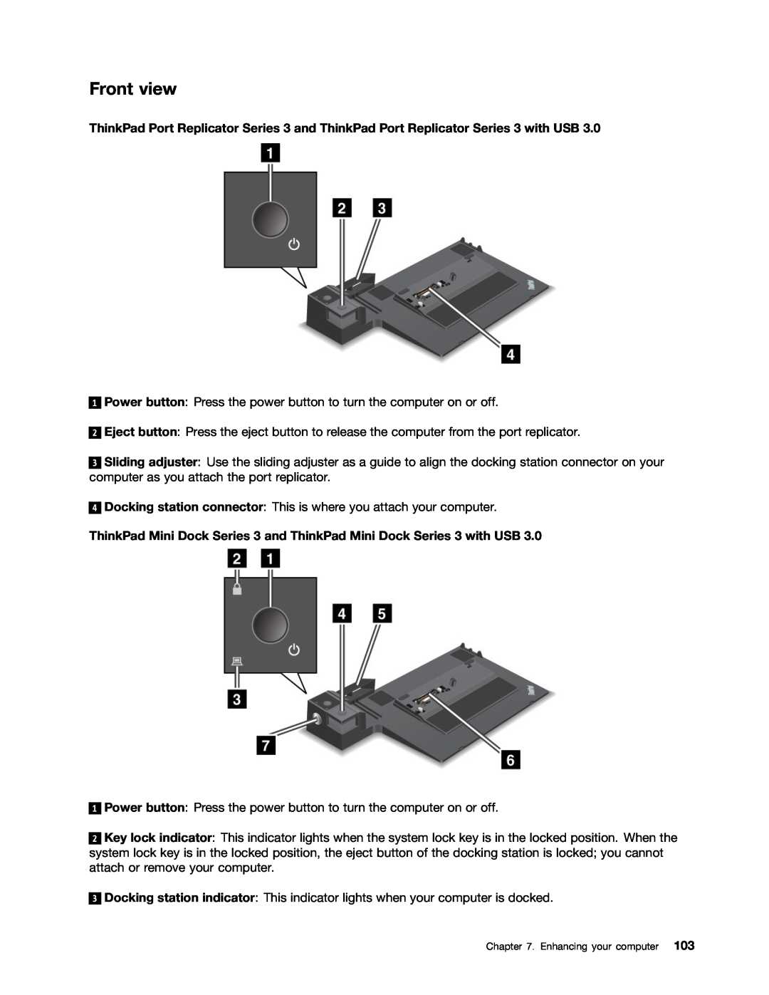 Lenovo 243858U, W530, T530i, 24384KU manual ThinkPad Mini Dock Series 3 and ThinkPad Mini Dock Series 3 with USB, Front view 