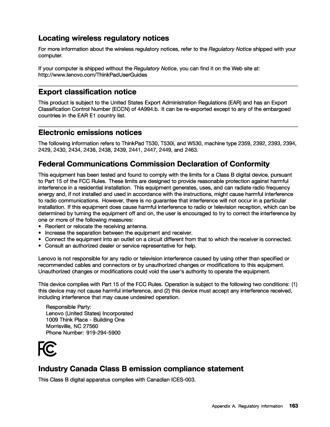 Lenovo 243858U, W530, T530 Locating wireless regulatory notices, Export classification notice, Electronic emissions notices 