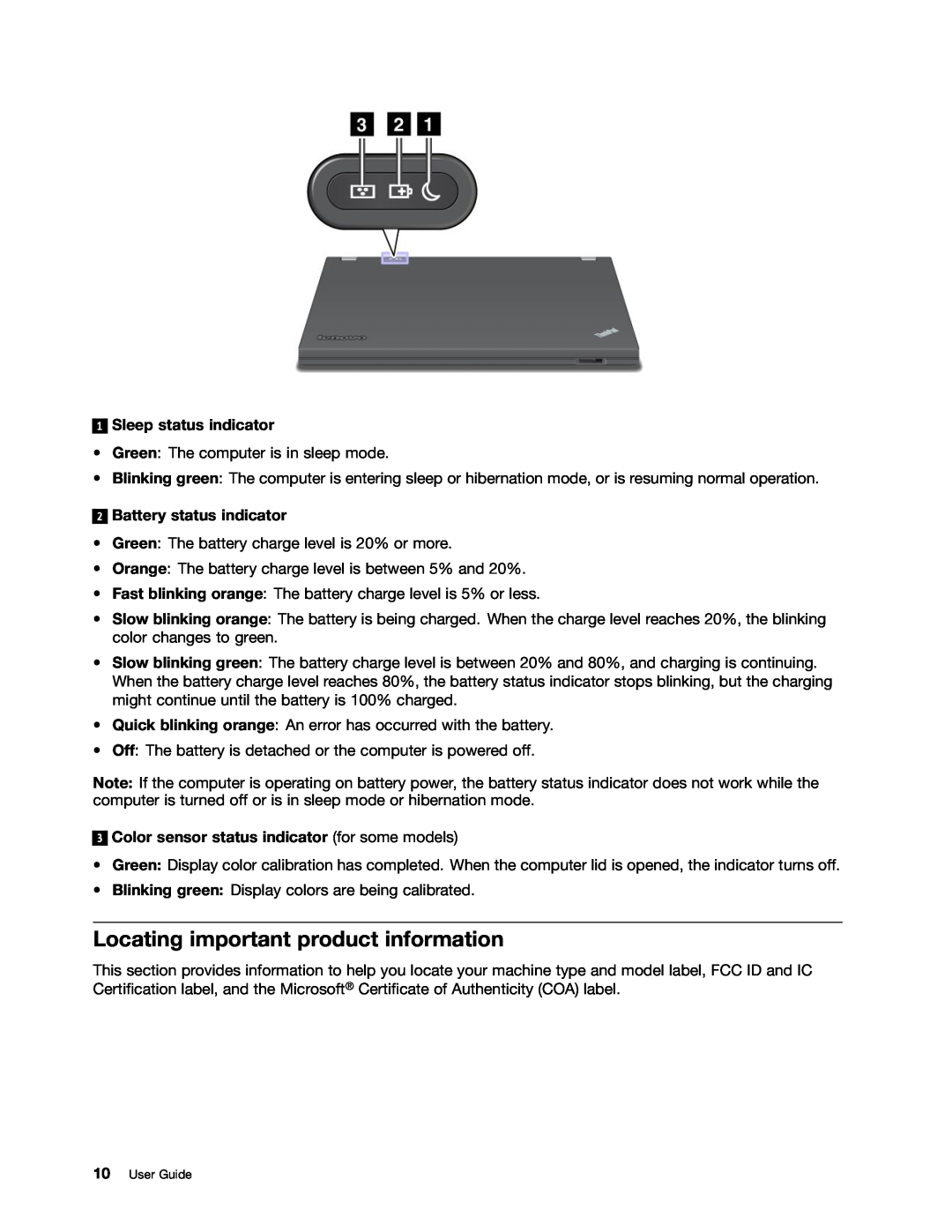 Lenovo T530i, W530, 24384KU manual Locating important product information, Sleep status indicator, Battery status indicator 