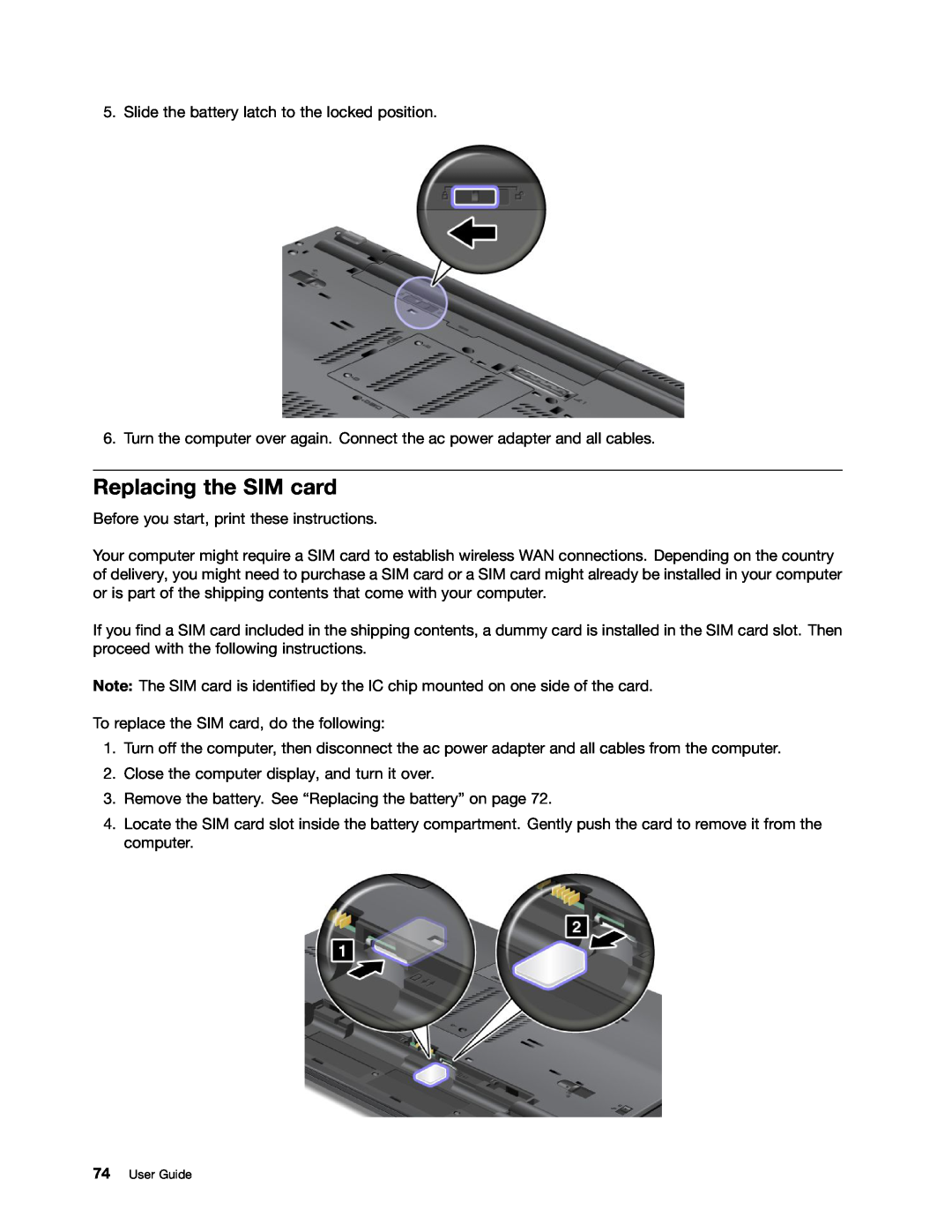 Lenovo W530, T530i, 24384KU, 243858U manual Replacing the SIM card, User Guide 