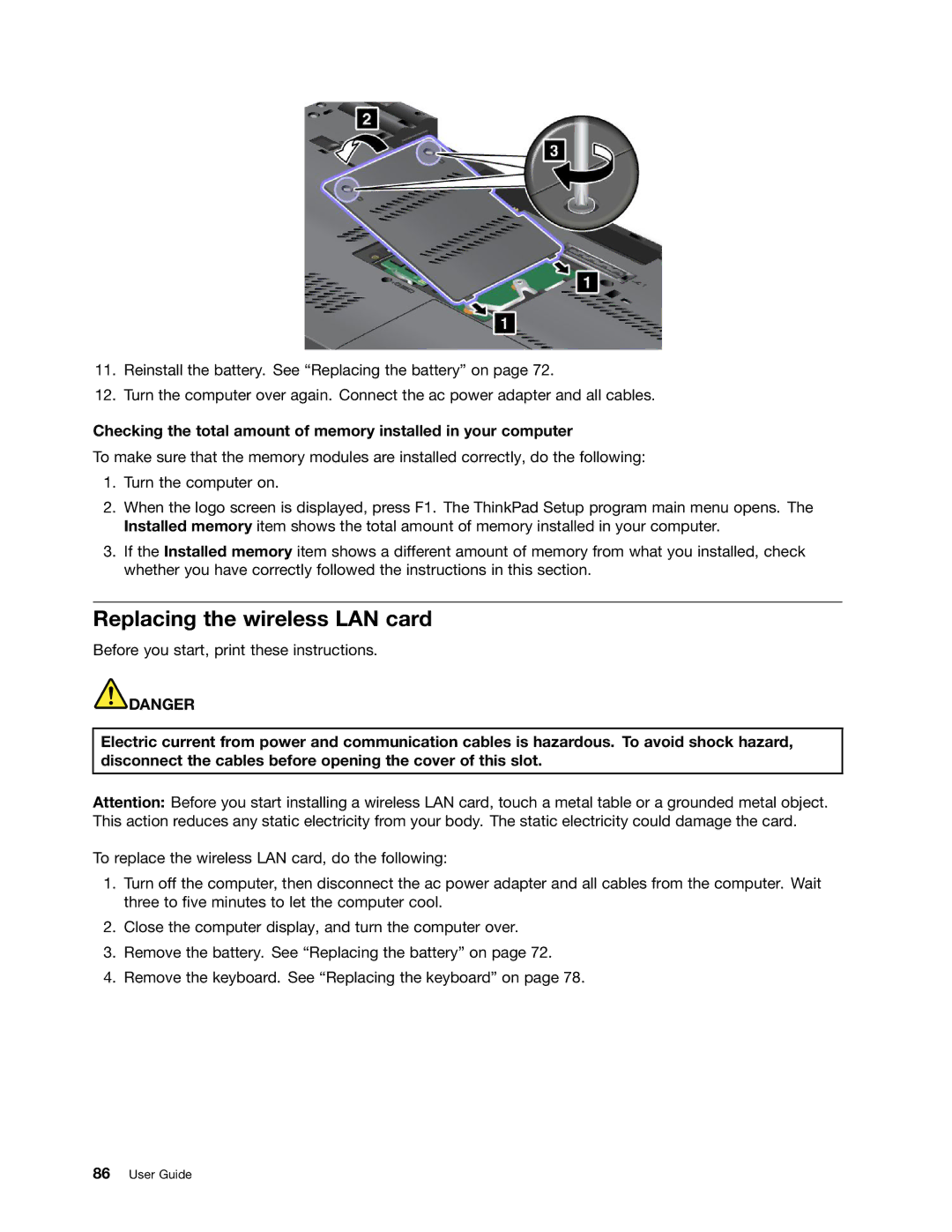 Lenovo W530, T530i, 24384KU, 243858U manual Replacing the wireless LAN card 