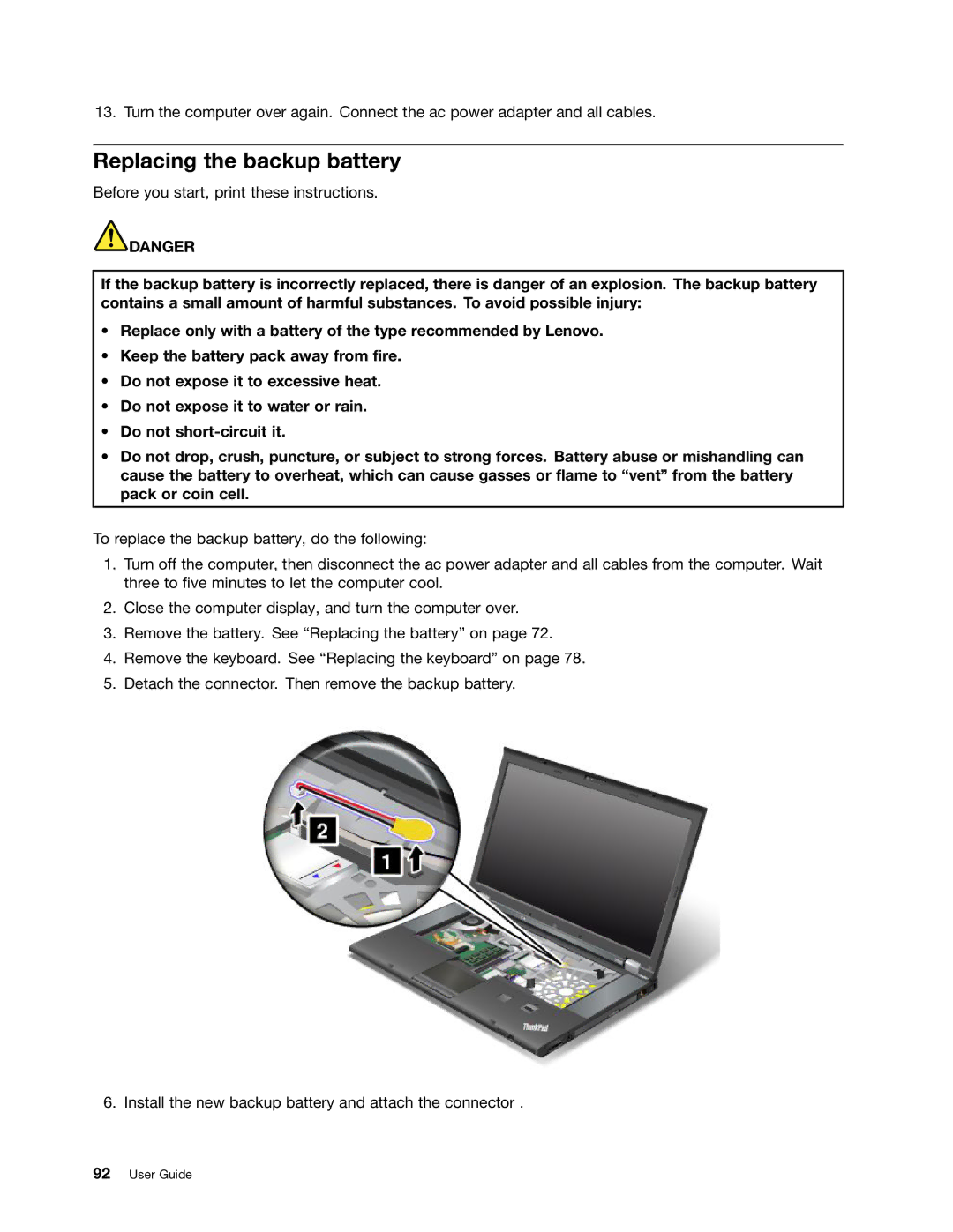 Lenovo 24384KU, W530, T530i, 243858U manual Replacing the backup battery 