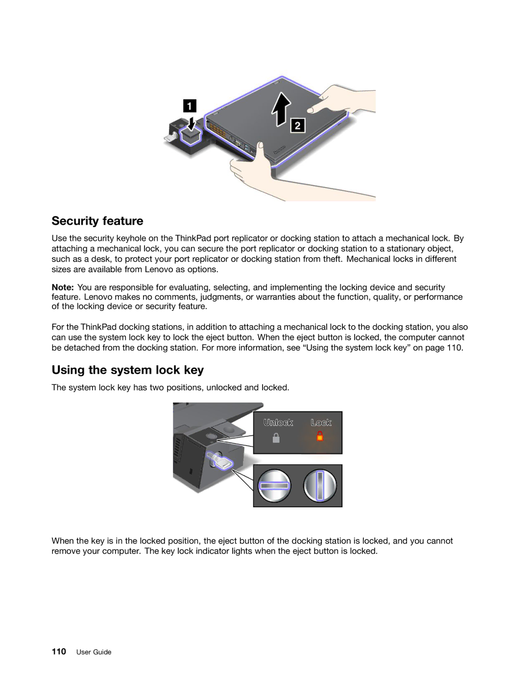 Lenovo T530i, W530, 24384KU, 243858U manual Security feature, Using the system lock key 