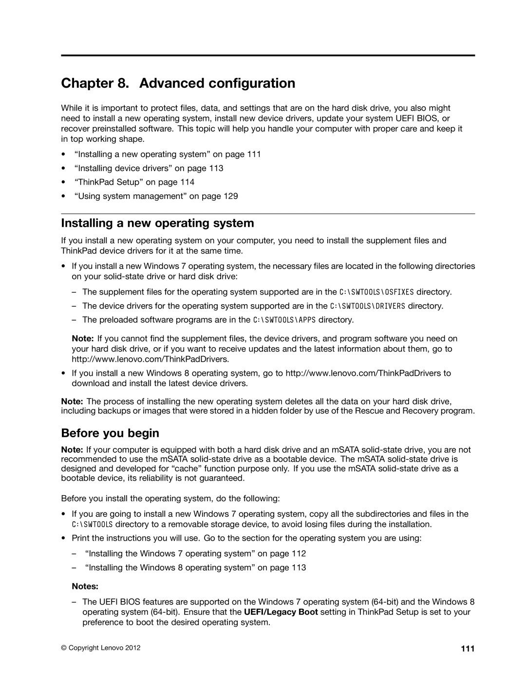 Lenovo W530, T530i, 24384KU, 243858U Advanced configuration, Installing a new operating system, Before you begin, 111 