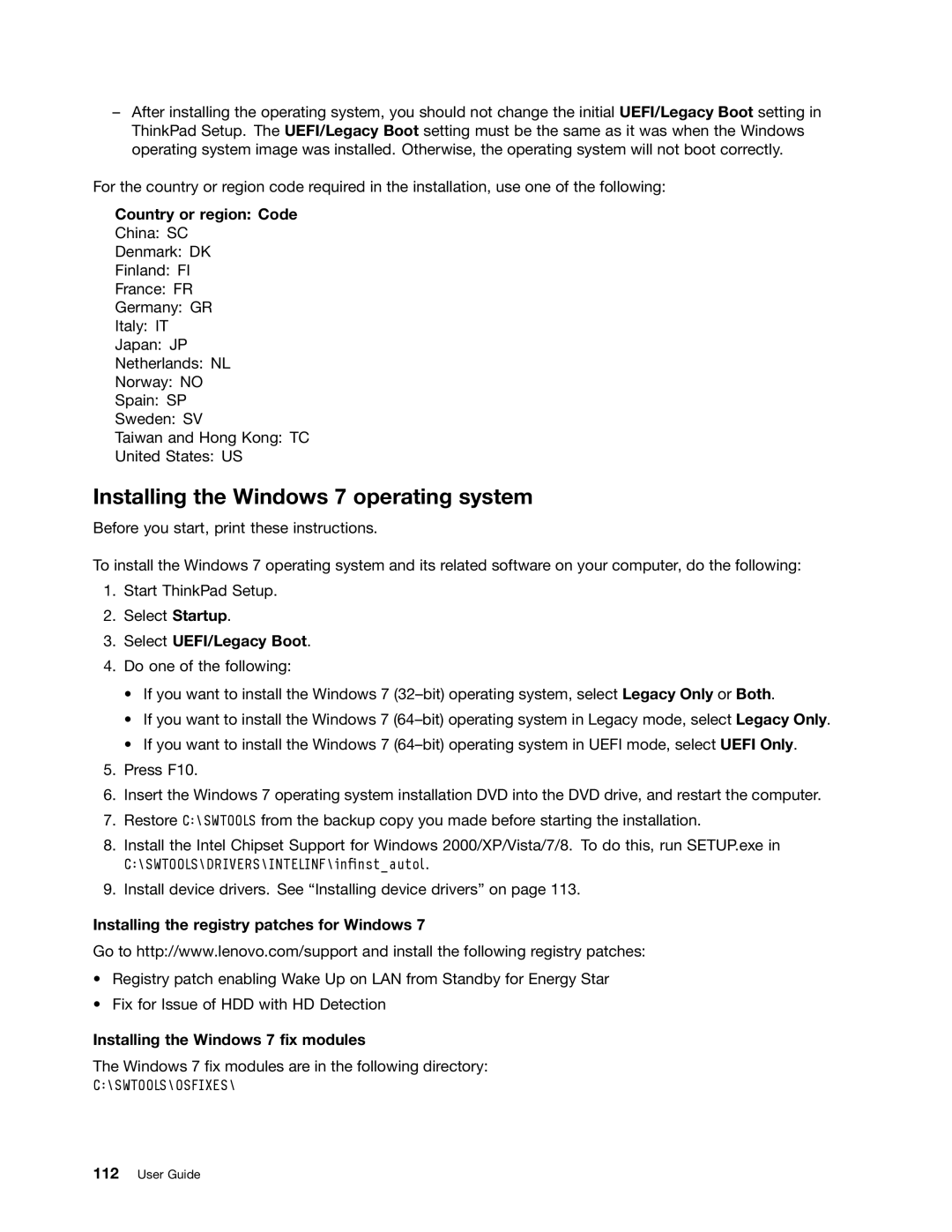 Lenovo 24384KU, W530, T530i manual Installing the Windows 7 operating system, Country or region Code, Select UEFI/Legacy Boot 