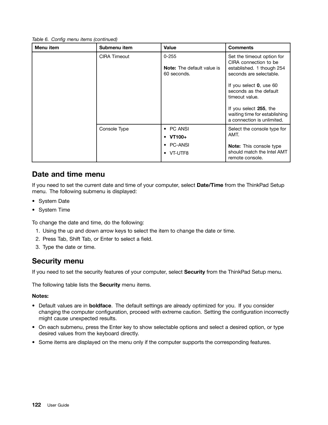 Lenovo 24384KU, W530, T530i, 243858U manual Date and time menu, Security menu, VT100+ 