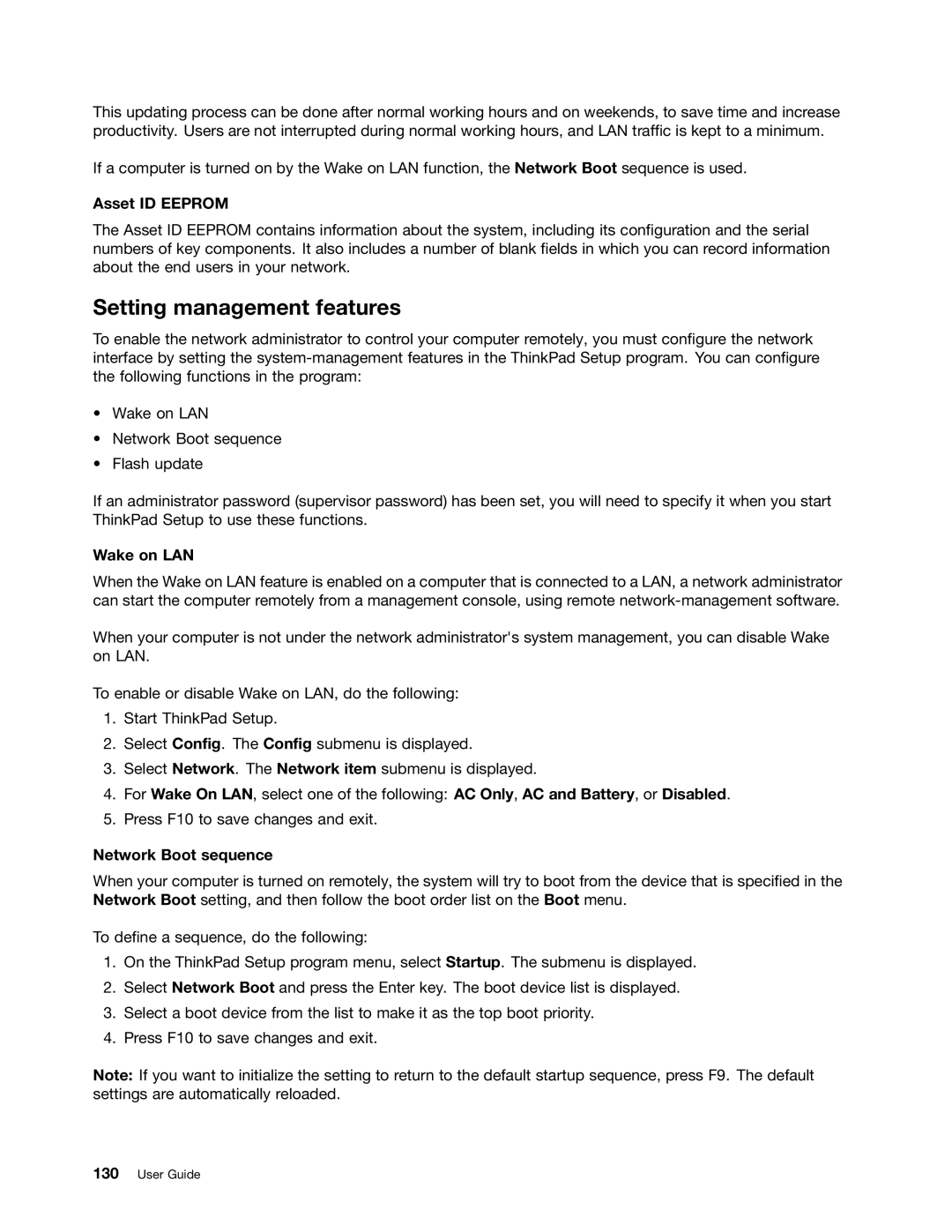 Lenovo T530i, W530, 24384KU, 243858U manual Setting management features, Asset ID Eeprom, Network Boot sequence 