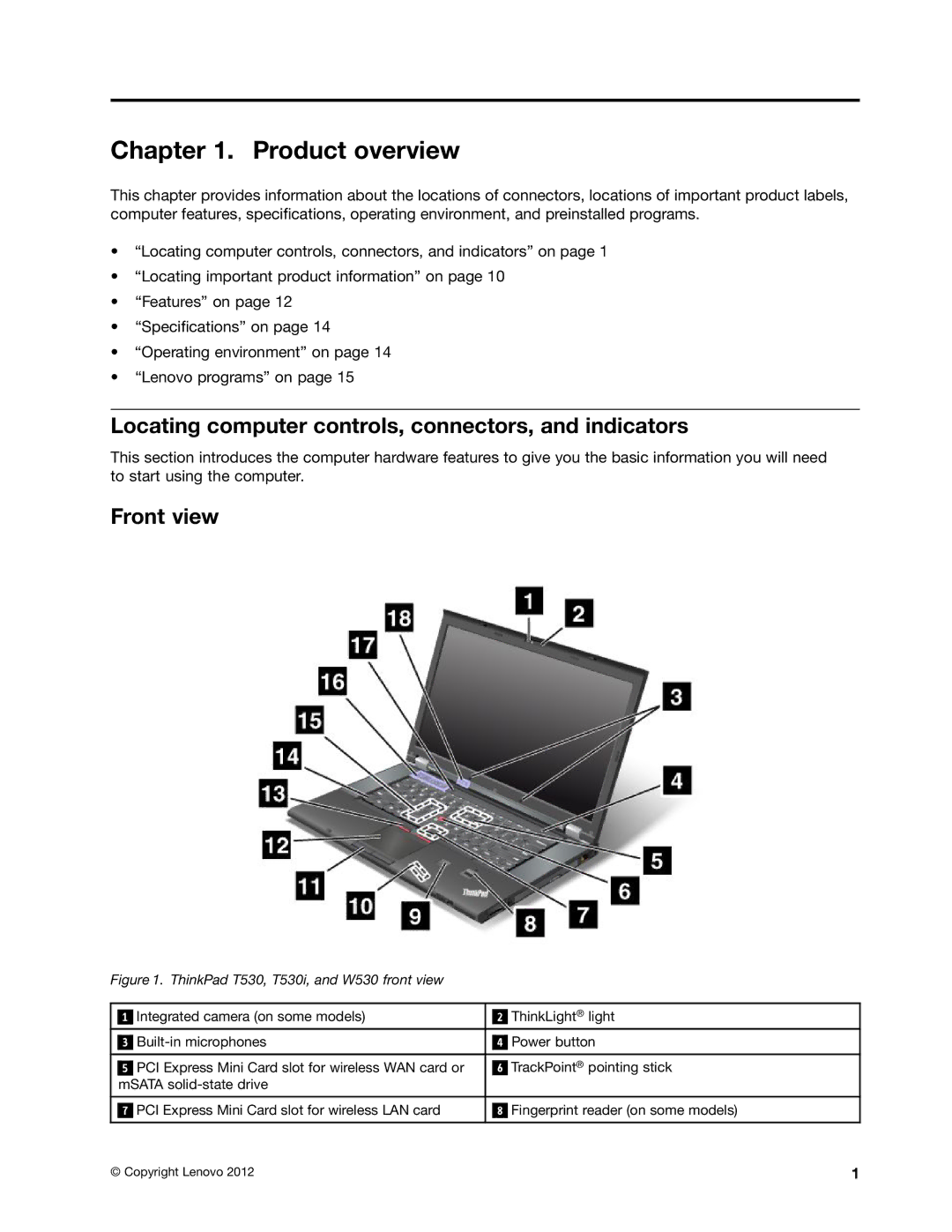 Lenovo W530, T530i, 24384KU, 243858U Product overview, Locating computer controls, connectors, and indicators, Front view 