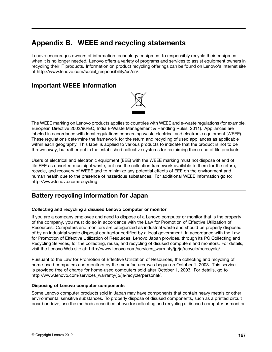 Lenovo 24384KU, W530, T530i, 243858U manual Appendix B. Weee and recycling statements, Important Weee information, 167 