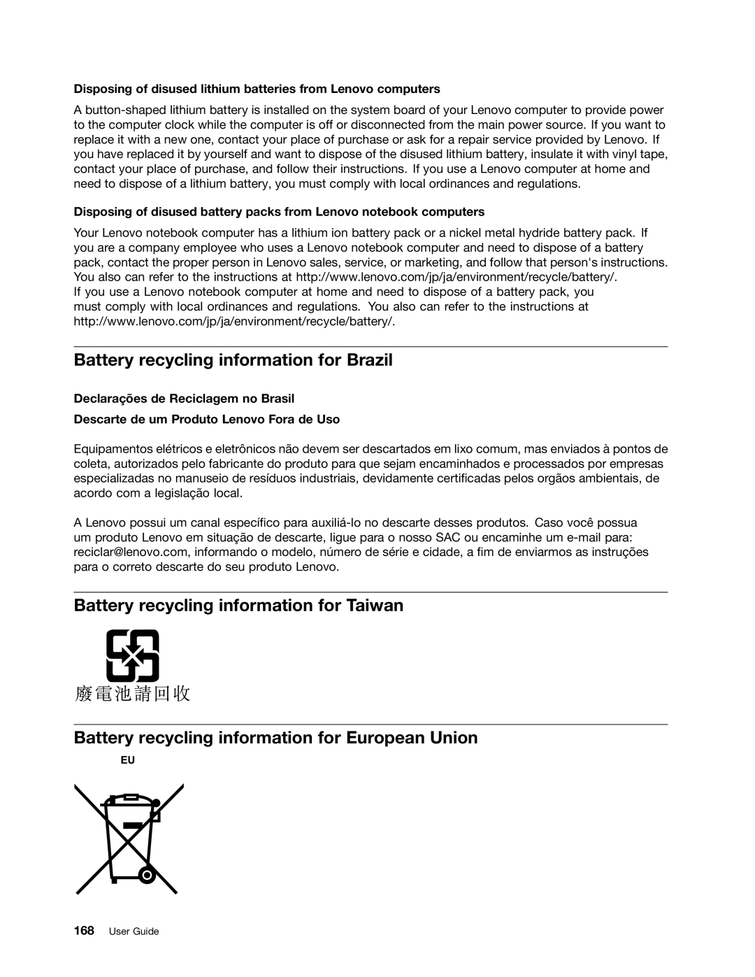 Lenovo 243858U Battery recycling information for Brazil, Disposing of disused lithium batteries from Lenovo computers 