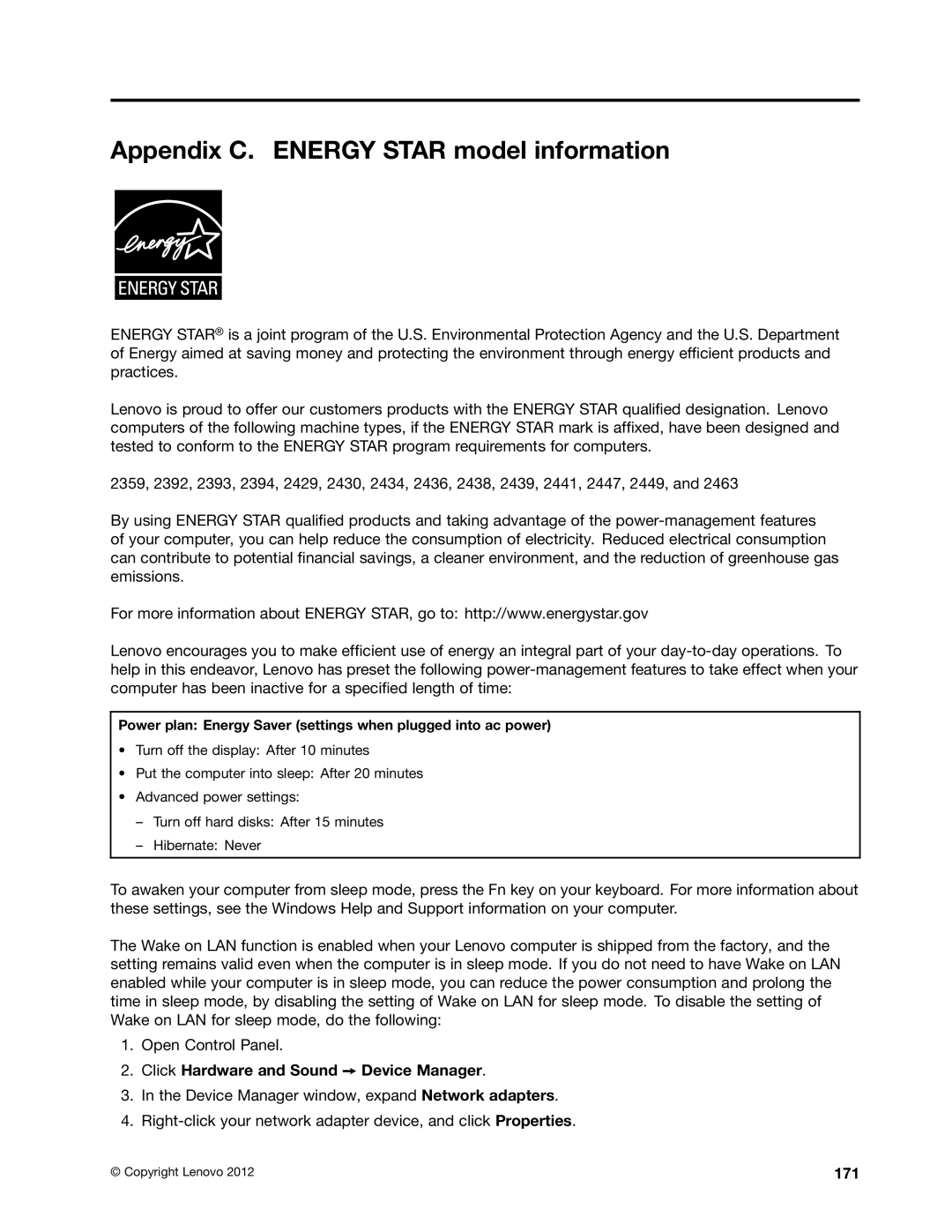 Lenovo W530, T530i, 24384KU manual Appendix C. Energy Star model information, Click Hardware and Sound Device Manager, 171 