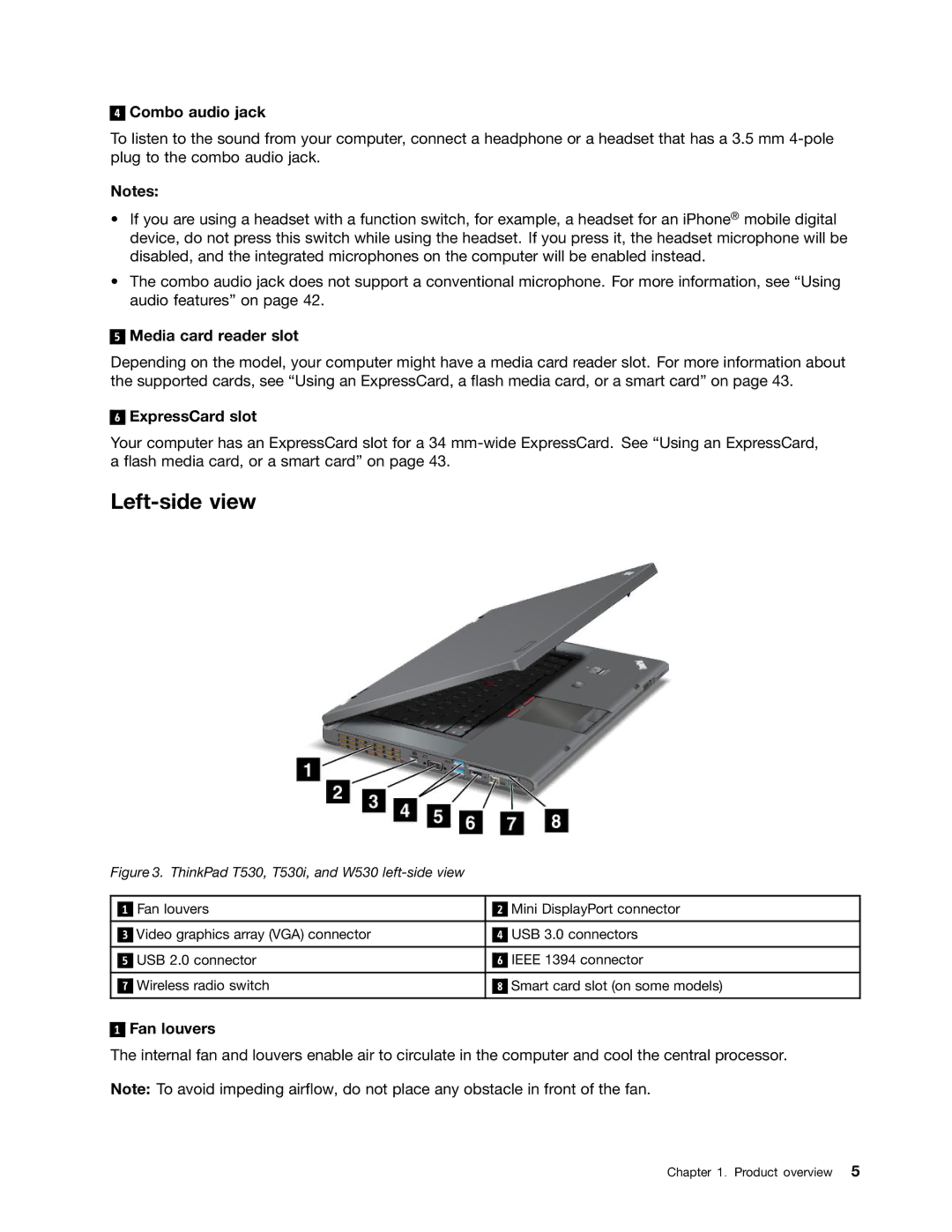 Lenovo T530i, W530, 24384KU, 243858U Left-side view, Combo audio jack, Media card reader slot, ExpressCard slot, Fan louvers 