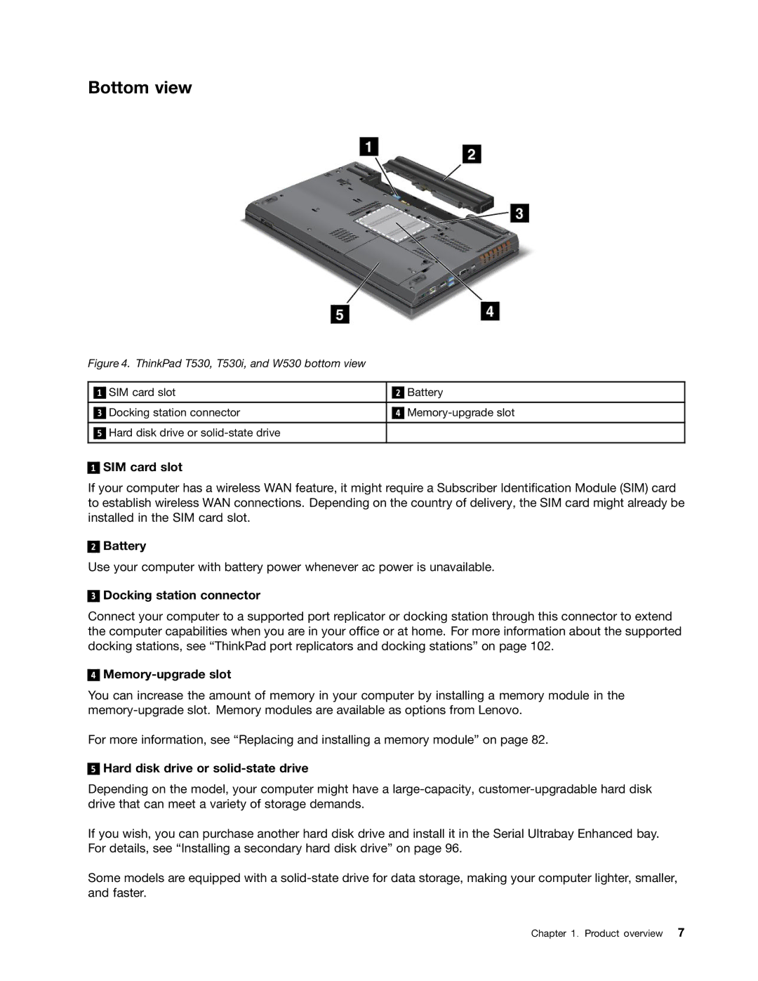 Lenovo 24384KU, W530 Bottom view, SIM card slot, Battery, Docking station connector, Hard disk drive or solid-state drive 