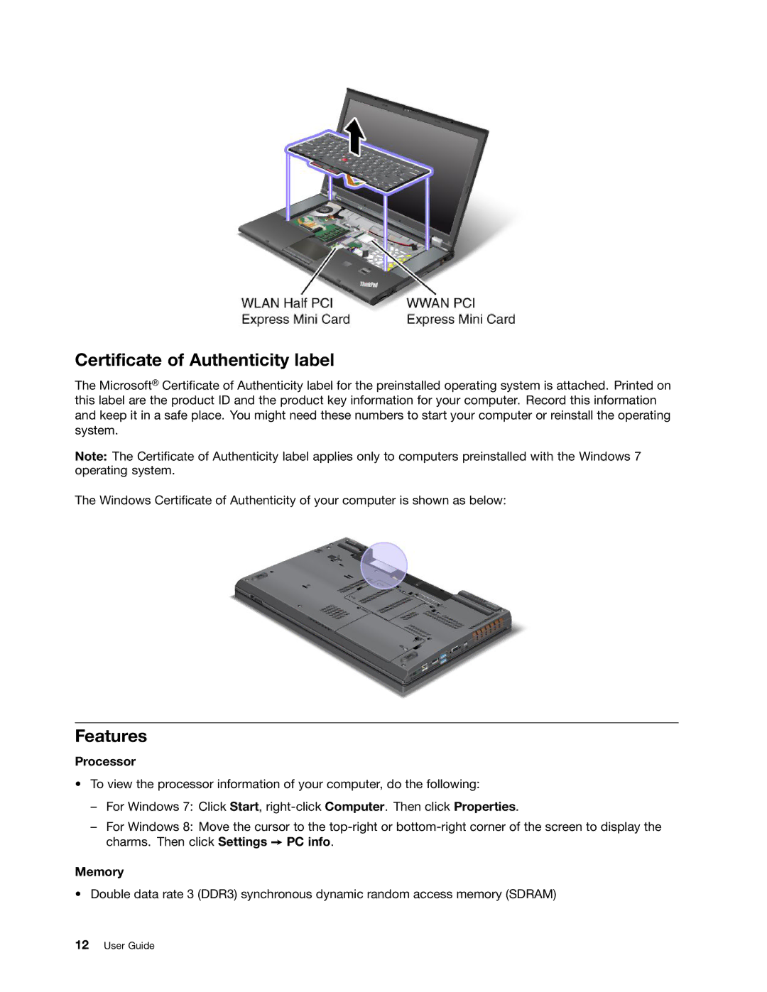 Lenovo 24384KU, W530, T530i, 243858U manual Certificate of Authenticity label, Features, Processor, Memory 