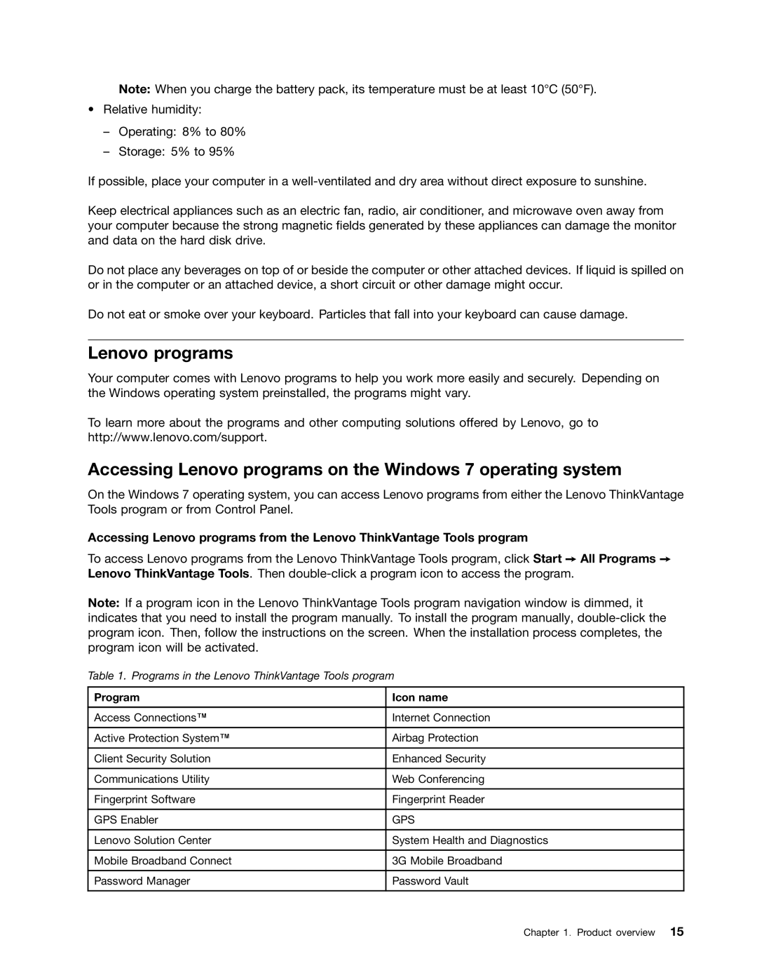 Lenovo T530i, W530, 24384KU, 243858U manual Accessing Lenovo programs on the Windows 7 operating system, Program Icon name 