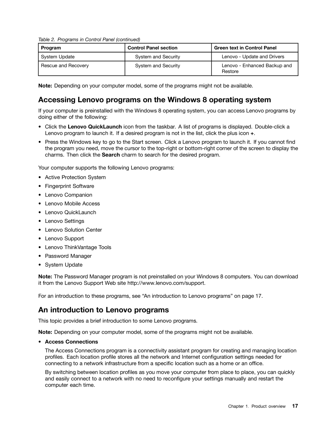 Lenovo 24384KU, W530, T530i Accessing Lenovo programs on the Windows 8 operating system, An introduction to Lenovo programs 