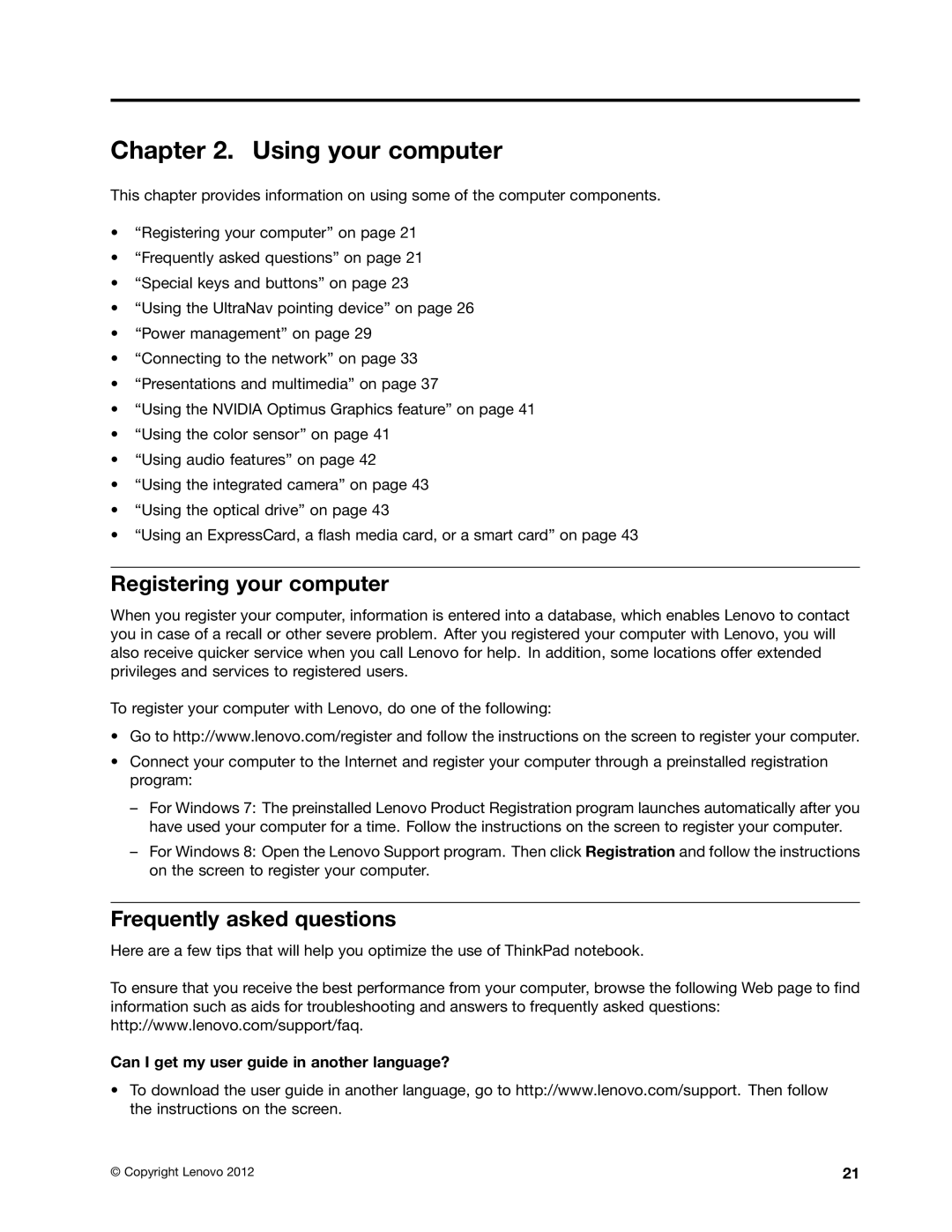 Lenovo W530, T530i, 24384KU, 243858U manual Using your computer, Registering your computer, Frequently asked questions 