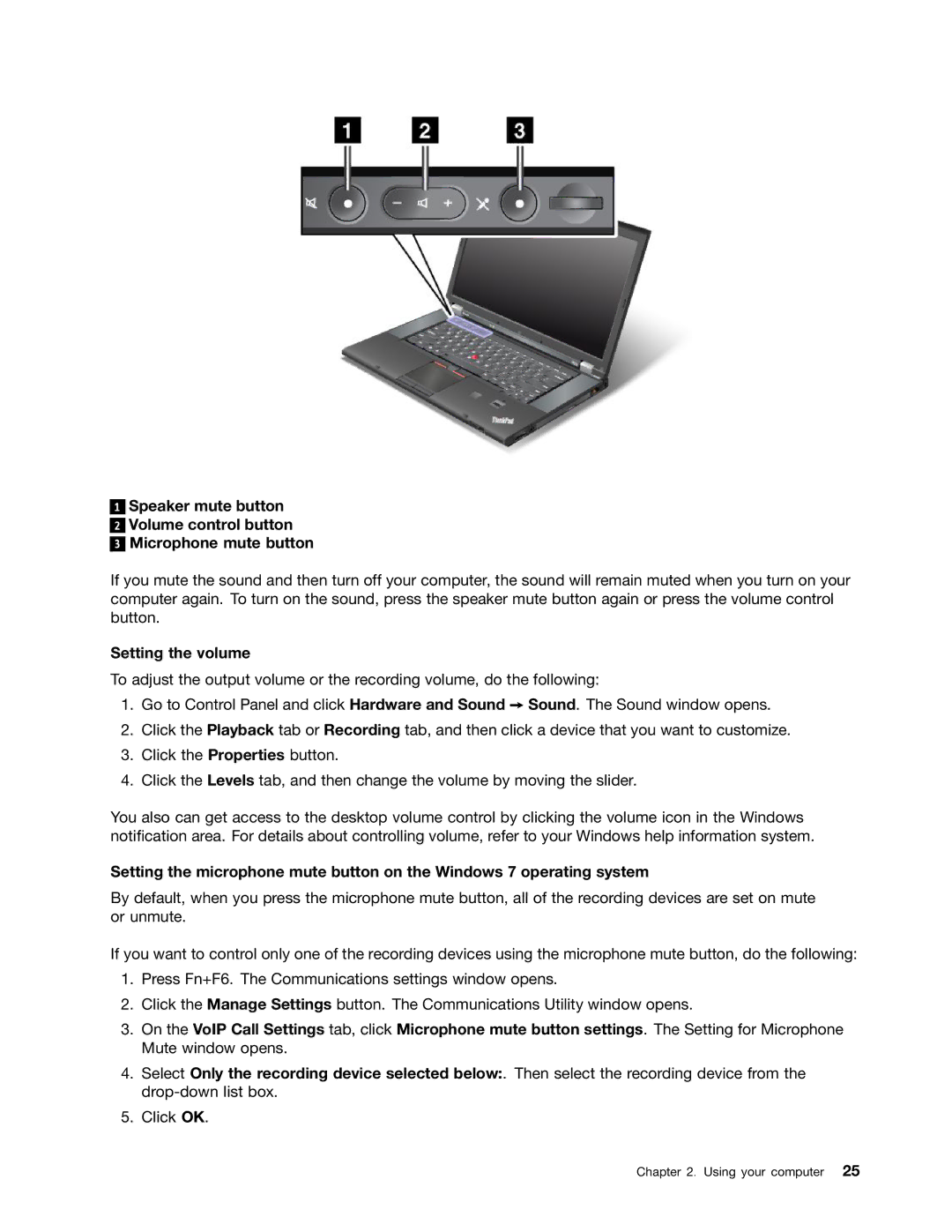 Lenovo T530i, W530, 24384KU, 243858U manual Setting the volume 