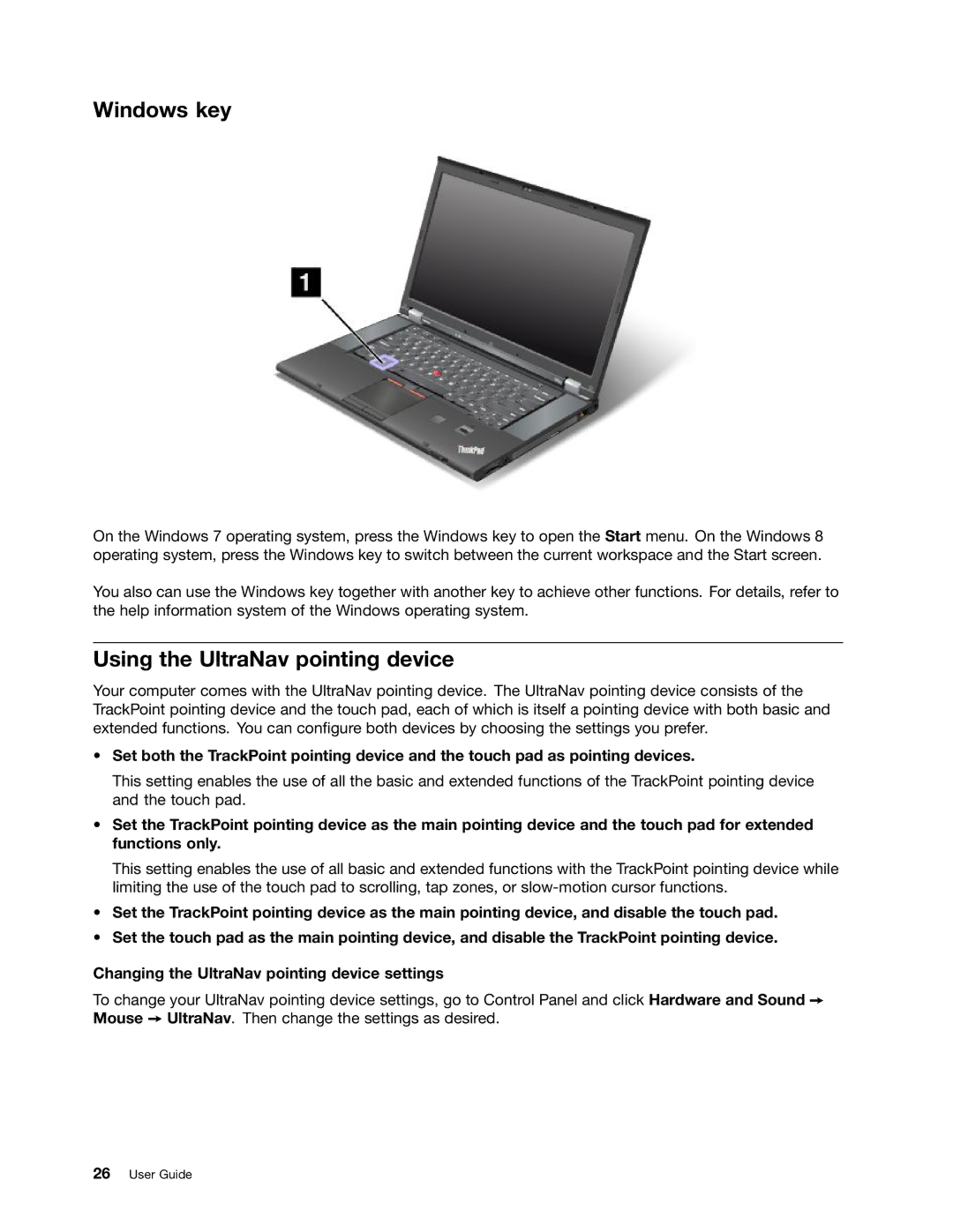 Lenovo W530, T530i, 24384KU, 243858U manual Windows key, Using the UltraNav pointing device 