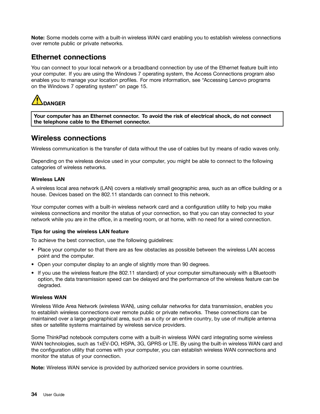 Lenovo W530, T530i manual Ethernet connections, Wireless connections, Wireless LAN, Tips for using the wireless LAN feature 