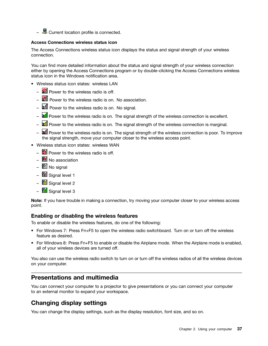 Lenovo 24384KU, W530 Presentations and multimedia, Changing display settings, Enabling or disabling the wireless features 