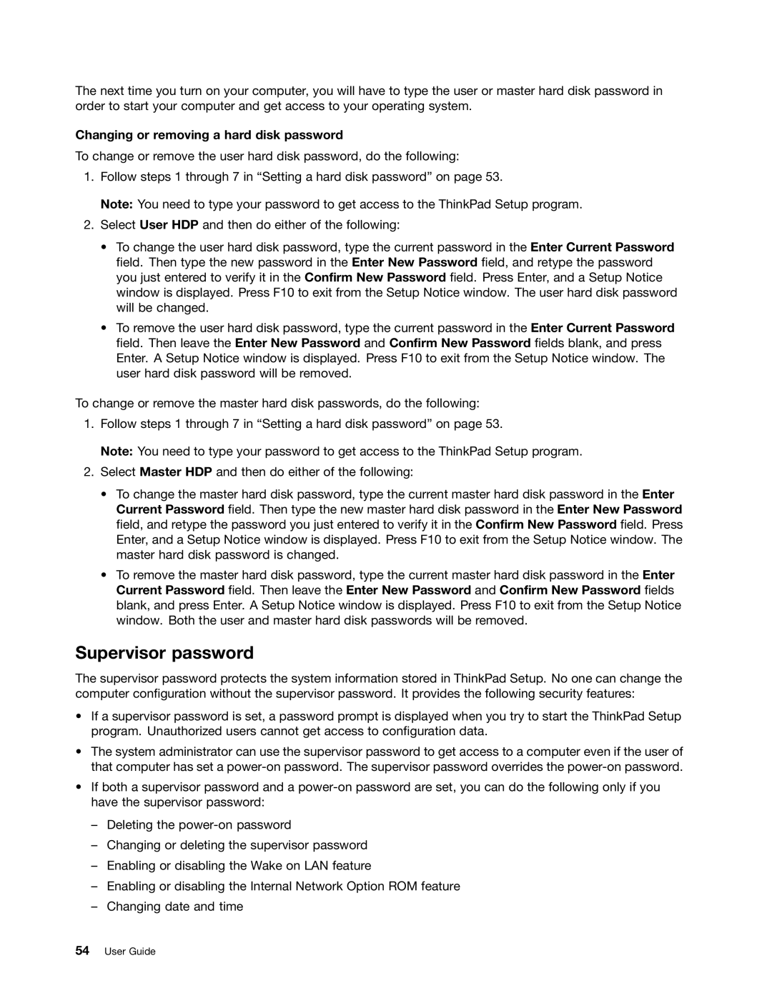 Lenovo W530, T530i, 24384KU, 243858U manual Supervisor password, Changing or removing a hard disk password 