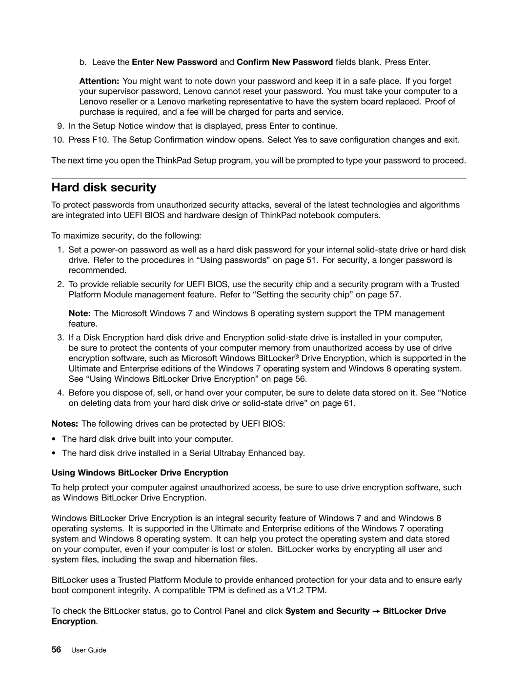 Lenovo W530, T530i, 24384KU, 243858U manual Hard disk security, Using Windows BitLocker Drive Encryption 