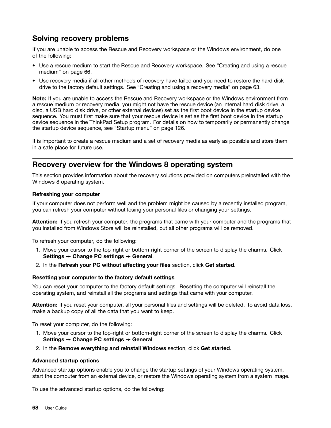 Lenovo 243858U Solving recovery problems, Recovery overview for the Windows 8 operating system, Refreshing your computer 