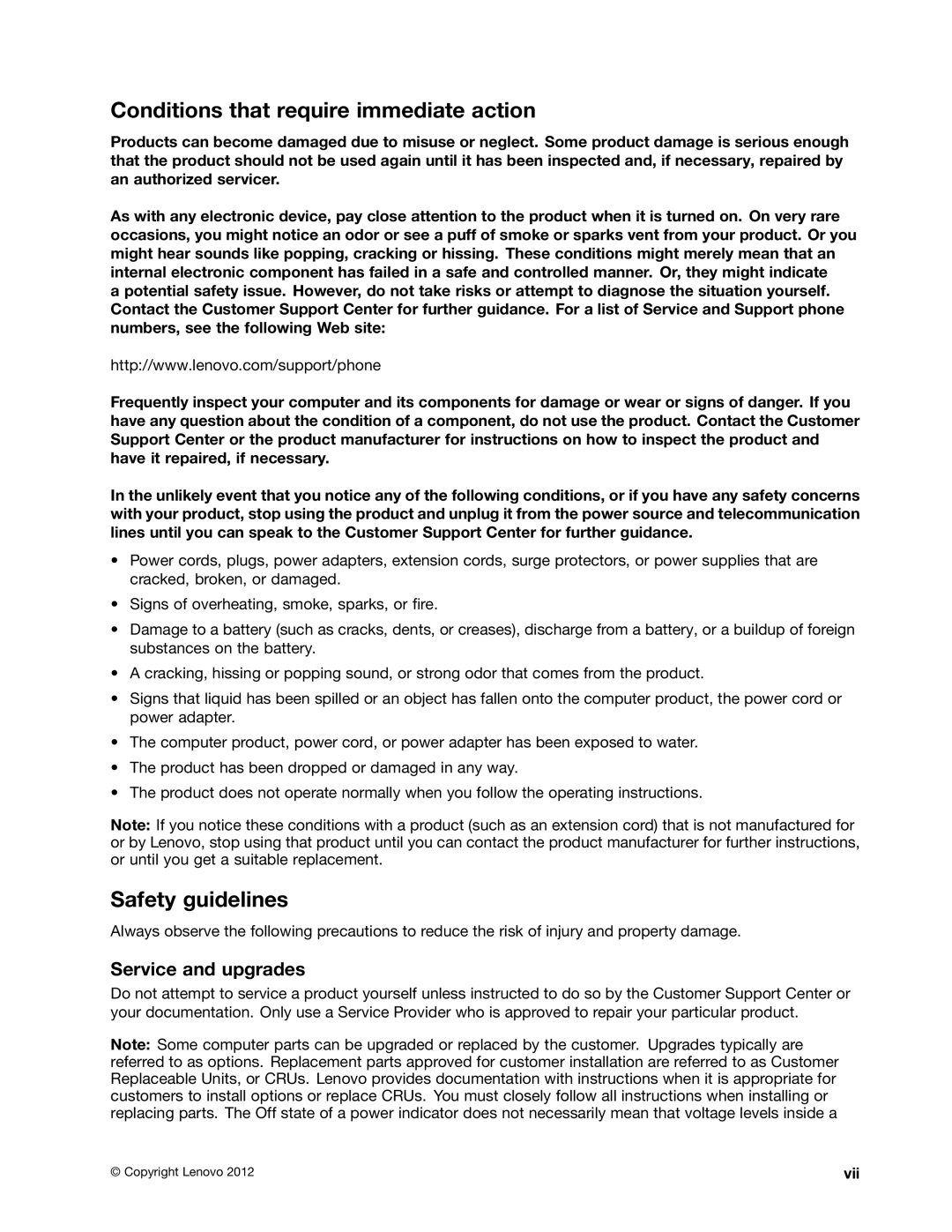 Lenovo 243858U, W530, T530i, 24384KU Conditions that require immediate action, Safety guidelines, Service and upgrades, Vii 