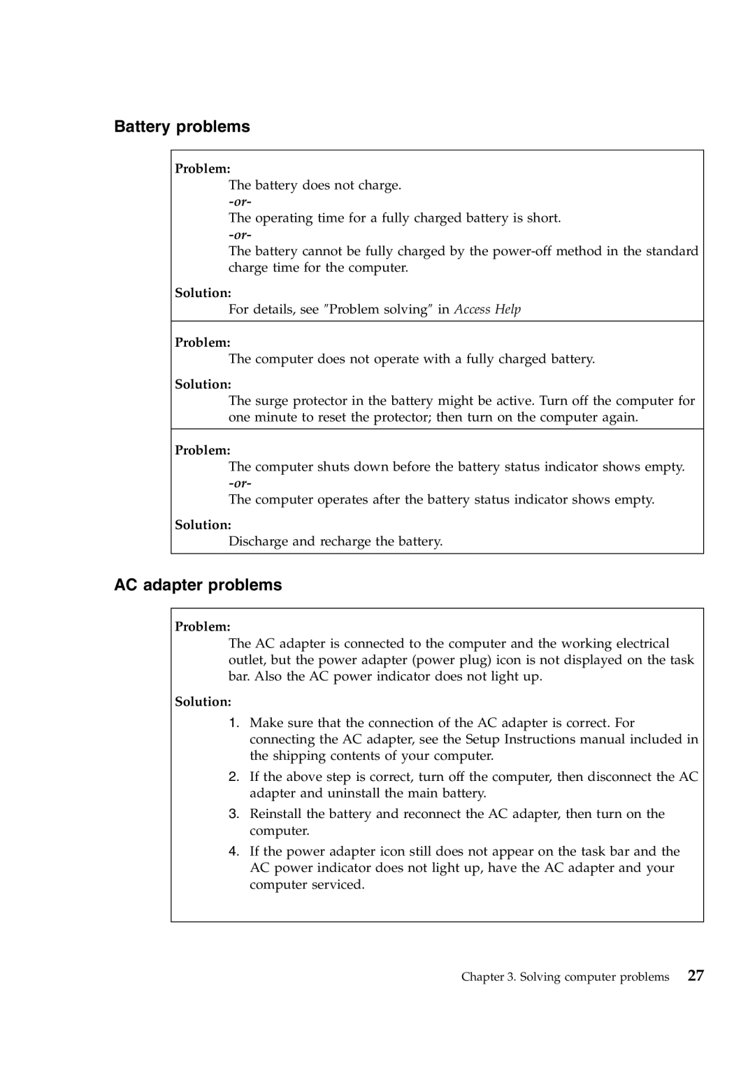 Lenovo W700ds manual Battery problems, AC adapter problems 