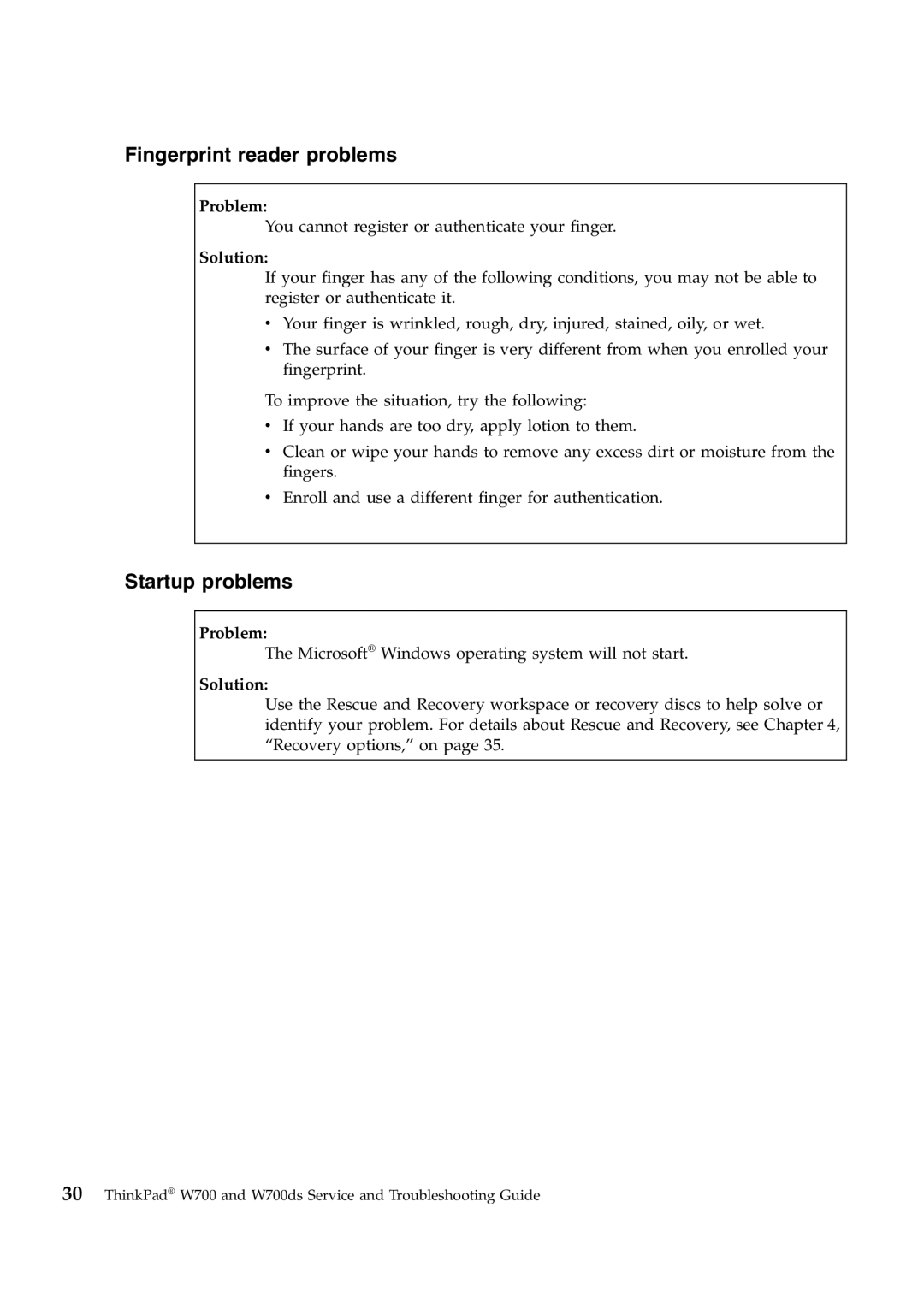 Lenovo W700ds manual Fingerprint reader problems, Startup problems 