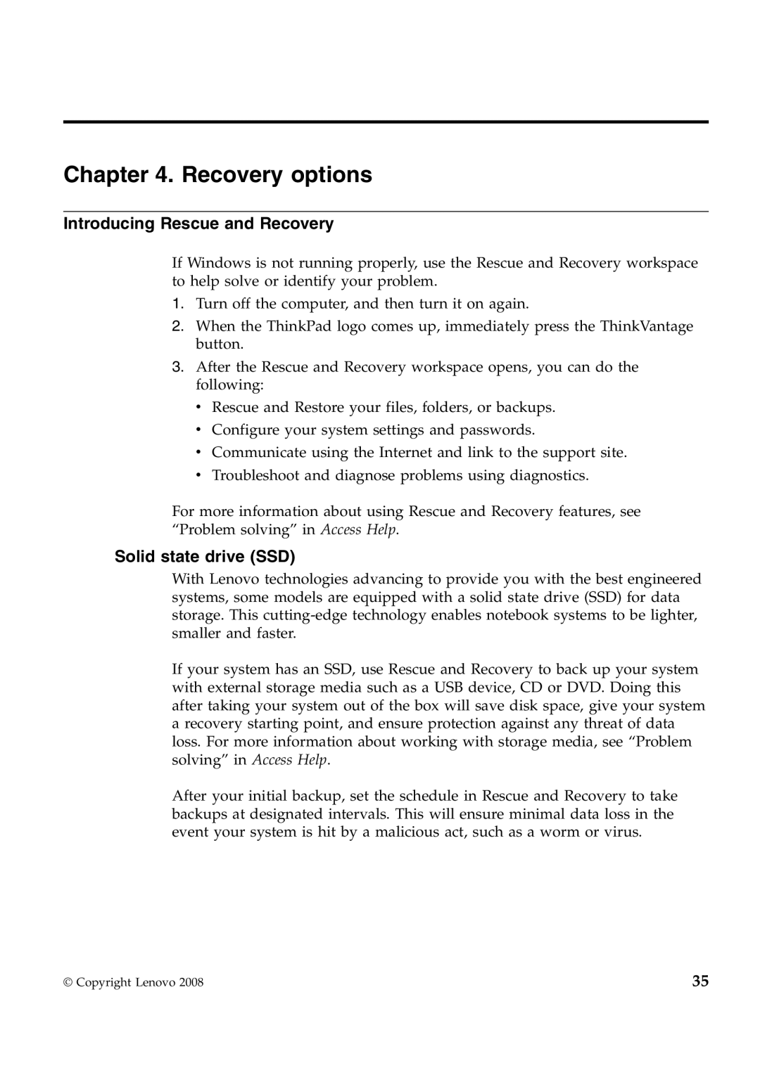 Lenovo W700ds manual Recovery options, Introducing Rescue and Recovery, Solid state drive SSD 