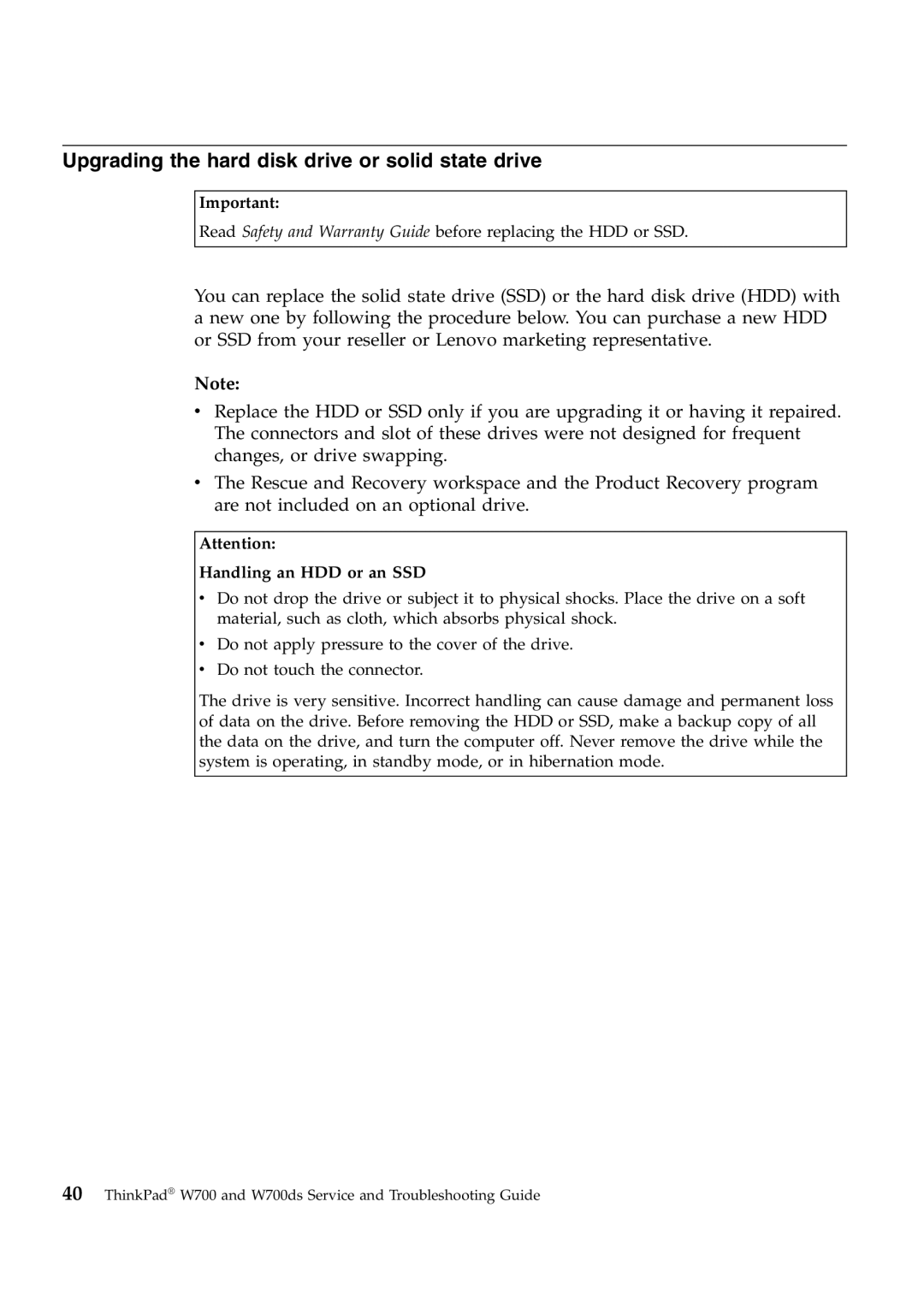 Lenovo W700ds manual Upgrading the hard disk drive or solid state drive, Handling an HDD or an SSD 