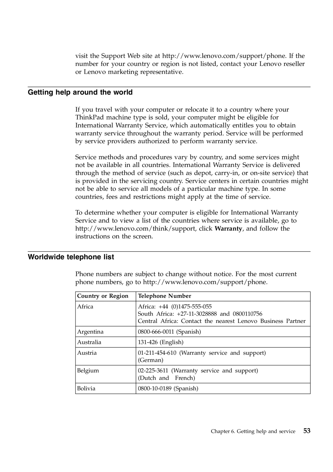 Lenovo W700ds manual Getting help around the world, Worldwide telephone list, Country or Region Telephone Number 