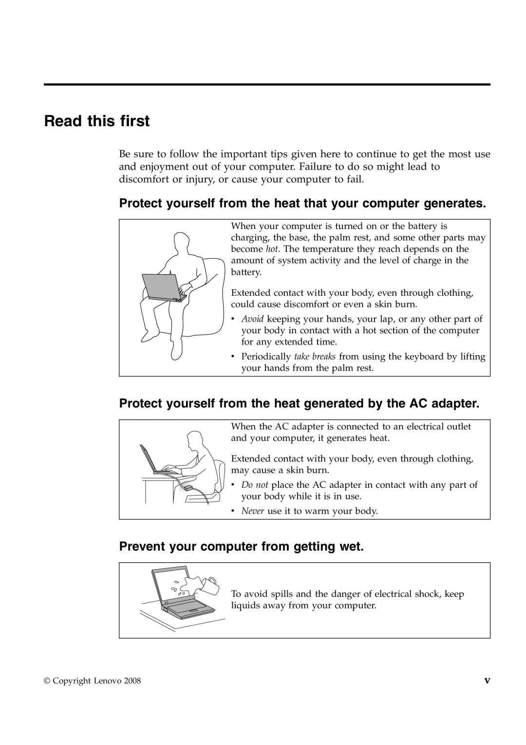 Lenovo W700ds manual Read this first, Protect yourself from the heat that your computer generates 