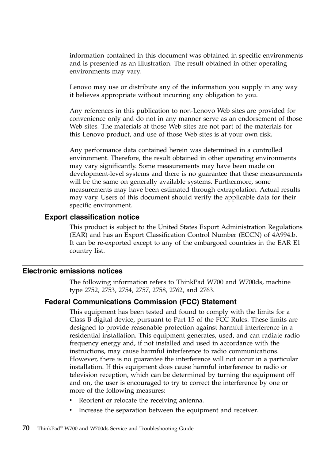 Lenovo W700ds Export classification notice, Electronic emissions notices, Federal Communications Commission FCC Statement 