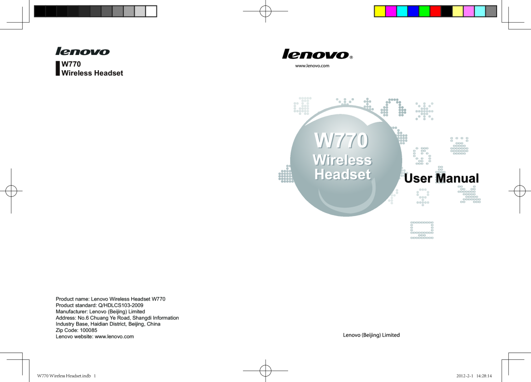 Lenovo user manual W770 Wireless Headset, Product name Lenovo Wireless Headset W770 