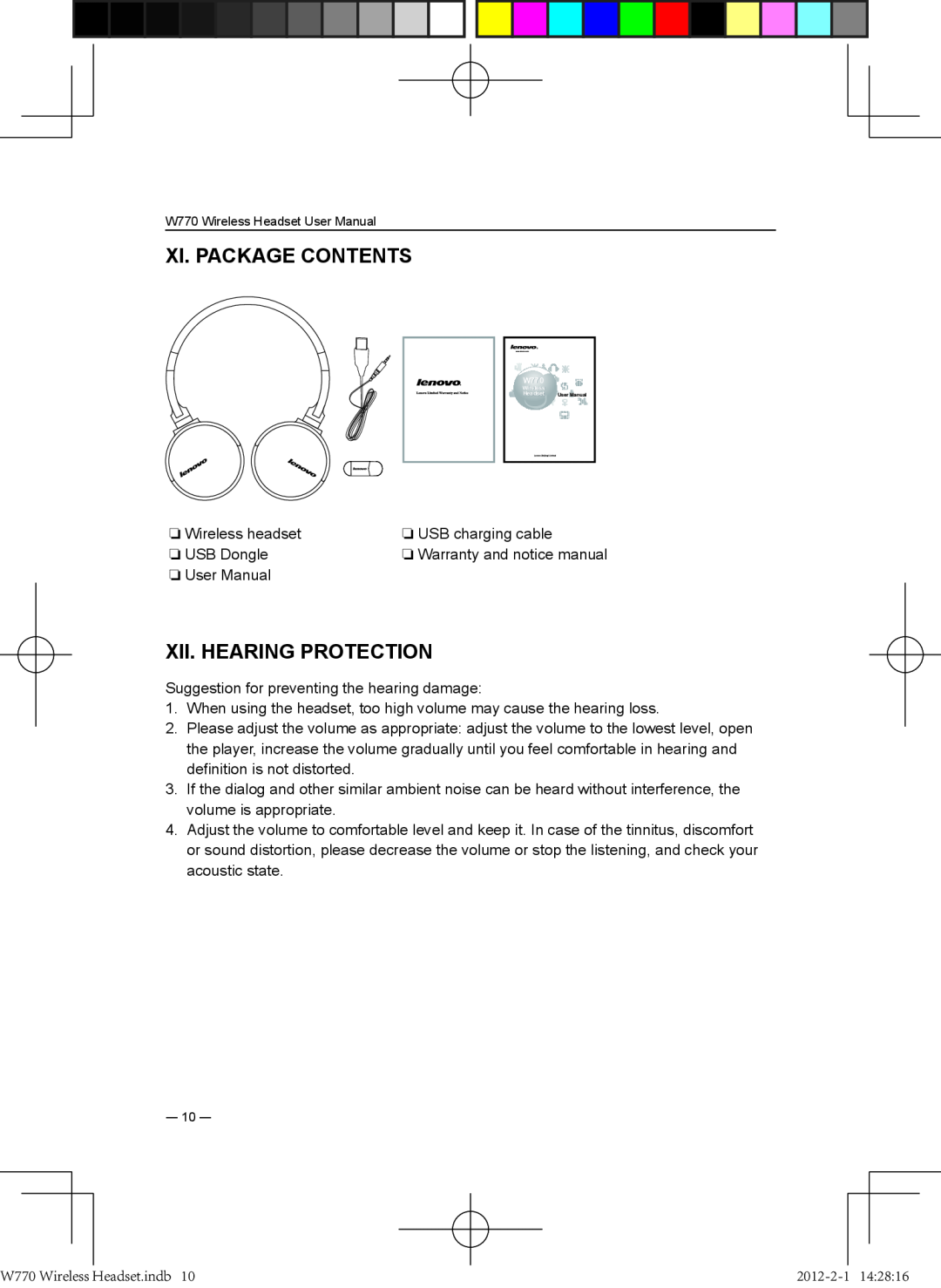 Lenovo W770 user manual XI. Package contents, XII. Hearing protection, Wireless headset, USB charging cable, USB Dongle 
