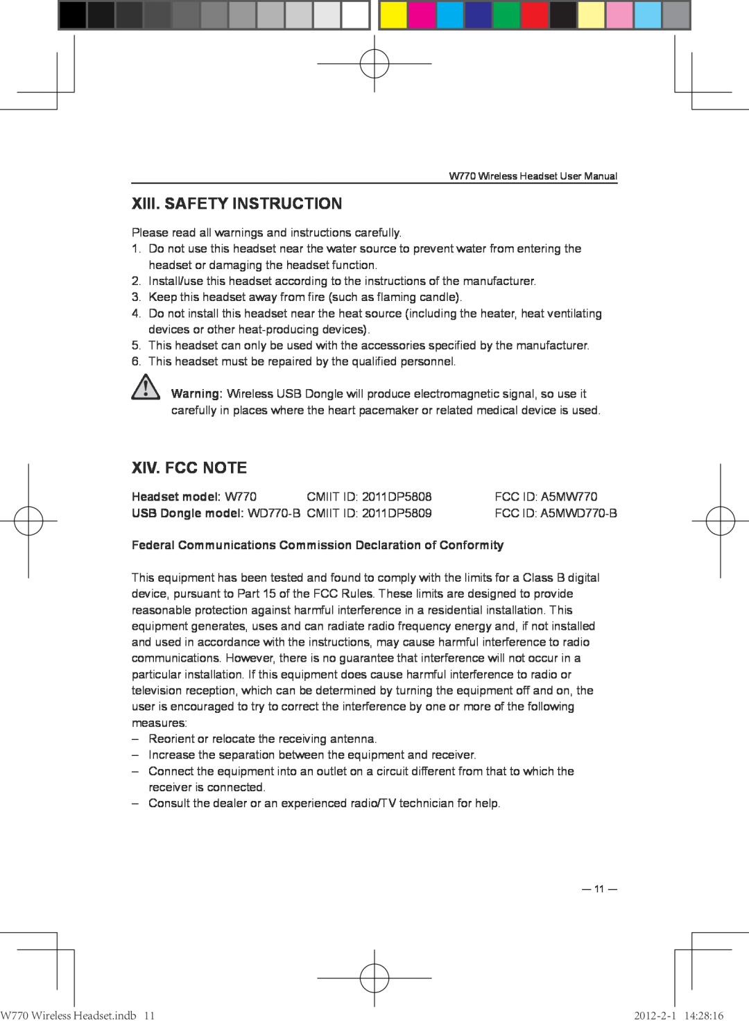 Lenovo user manual XIII. Safety instruction, XIV. FCC Note, Headset model W770 